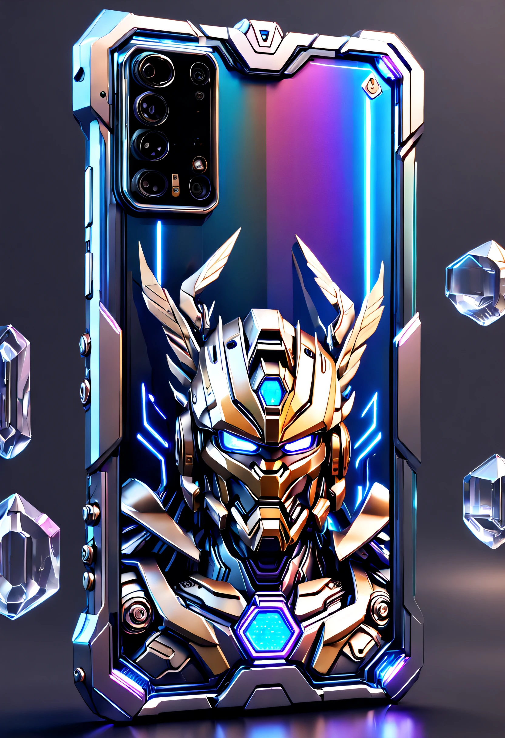 Huawei phones of the future, (Nothing but mobile phones)，(No Man), (A phone back：Gundam mecha made of complex futuristic Huawei mobile phone 1，The head of the Gundam mecha is engraved on the phone，The entire phone is made of titanium and crystal glass structure，Sci-fi from start to finish，Details with metallic ice texture，Mechanical technology process manufacturing of the future，metallic  luster，Icy mechanical line beauty), Colorful colorful, luxury goods，(A portrait of the front of a mobile phone: 1.5, A smartphone with a crystal glass structure, Holographic hard light screen, The scene shows different applications, Futuristic technology，Deploy Linux applications on your phone, Android icon, Linux icon, Smooth lines, High-tech icons, Cyberpunk , Simple icons, Unix terminals, Mono Color, Clean user interface with high contrast, Concise background，Mobile advertising，art  stations，product-view), solofocus，(tmasterpiece), high qulity，1.4 times real, Simple icons, art  stations，(The front image and the back image of Huawei phones in the future are in the same picture: 1.5)，phone，Phone case