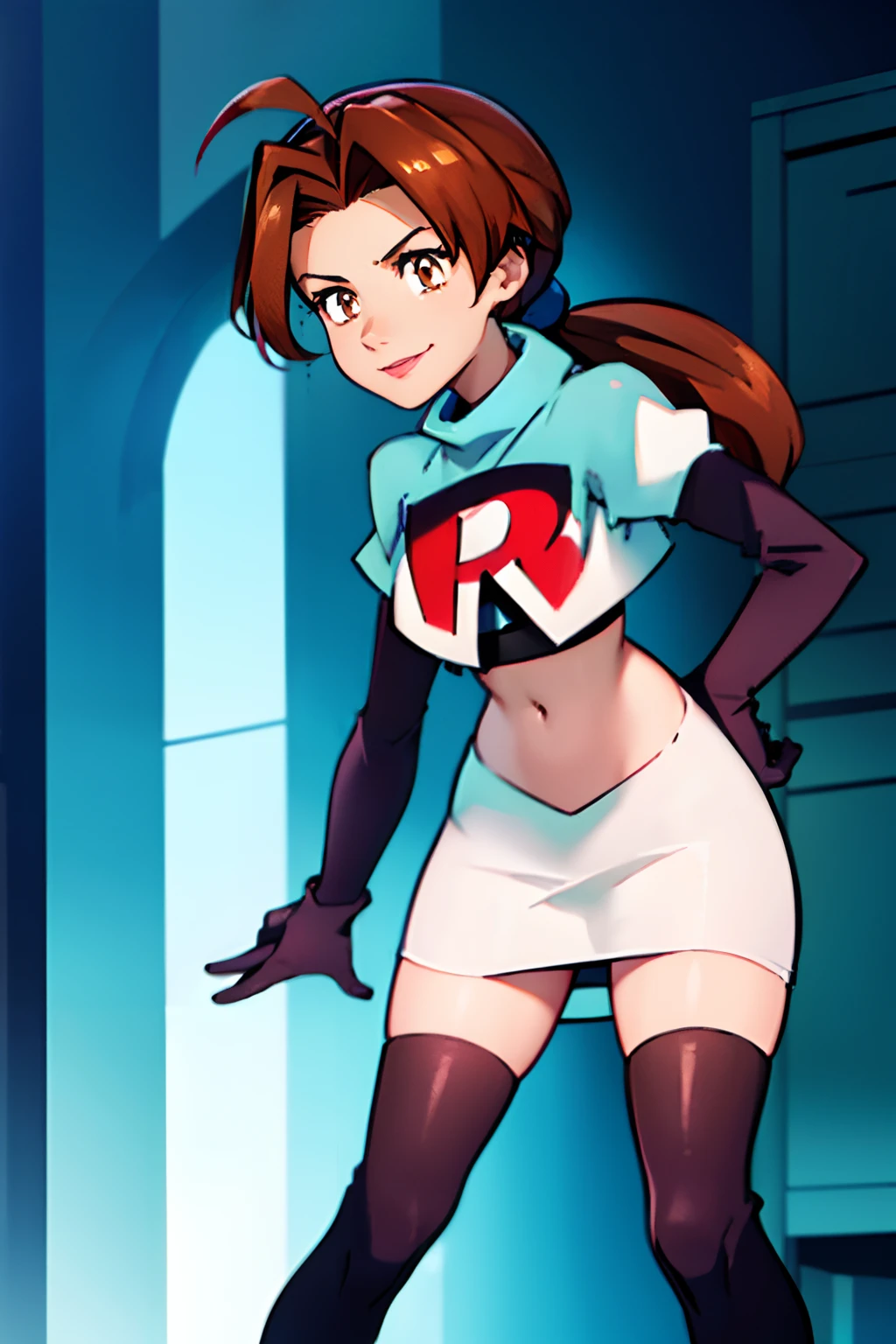 deliaketchum, brown hair, (brown eyes:1.7), parted bangs, (ahoge:1.5), ponytail, low ponytail, team rocket, team rocket uniform, red letter R, white skirt, white crop top, black thigh-high boots, black elbow gloves, evil sinister smile, red lipstick, blue eye shadow