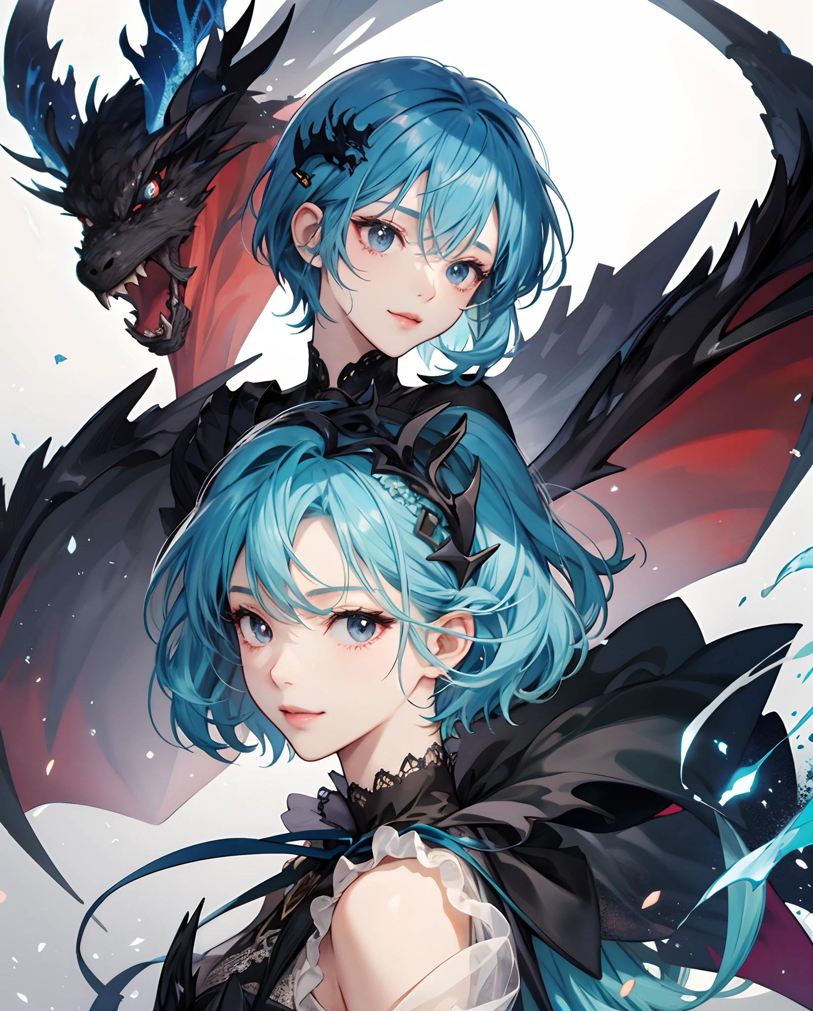 masterpiece、top-quality、超A high resolution、2D Beautiful Girl、animesque、s girl、Blue hair、short-haired、Appearance like a black dragon、Beautiful black eyes、The clothes are also depicted in detail、Eyes are depicted in detail、The face is depicted in detail、sorcerer、soio、Gentle smile、hair adornments、animesque、illustratio