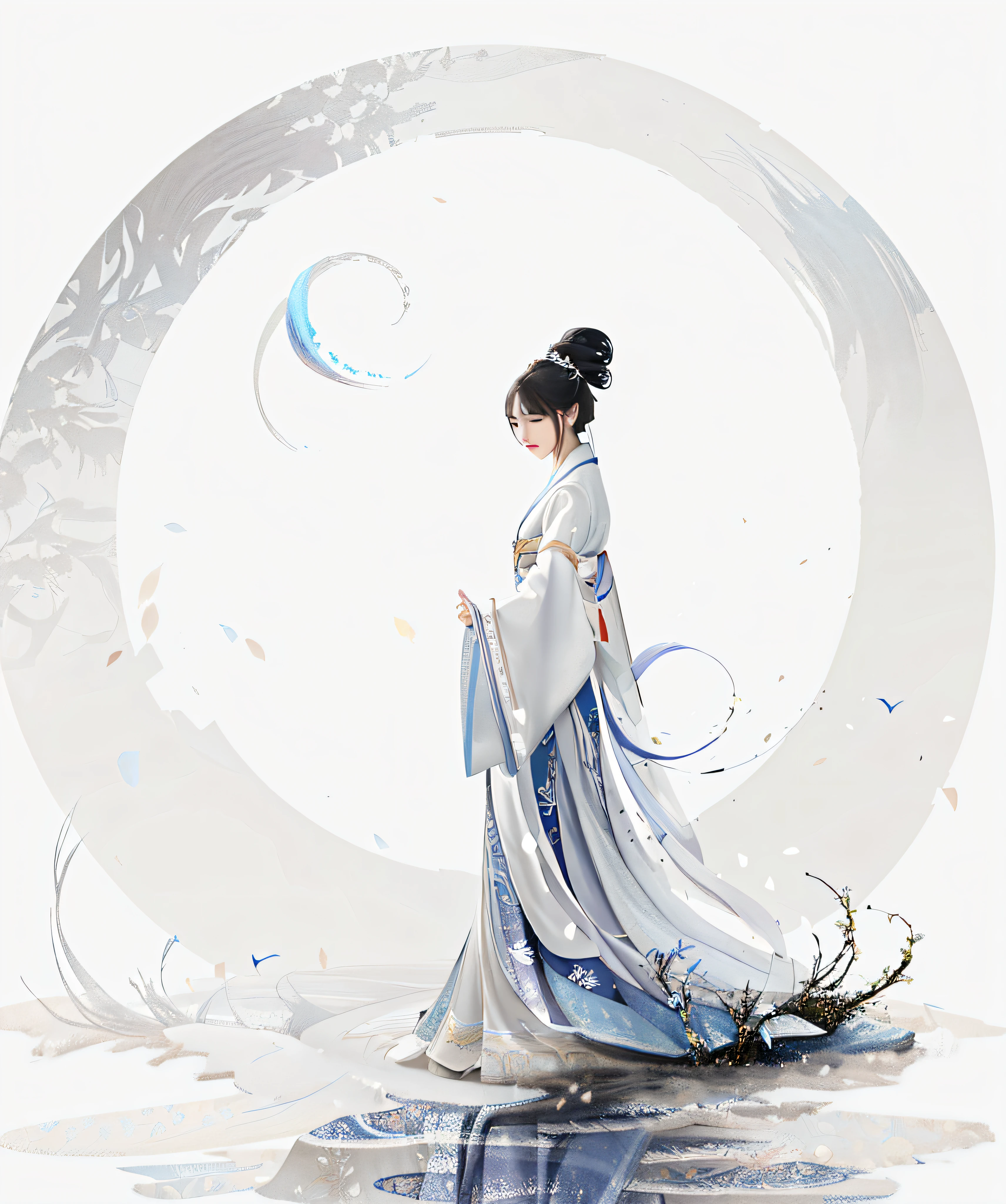 Arafed woman in a white and blue dress standing in a circle - SeaArt AI
