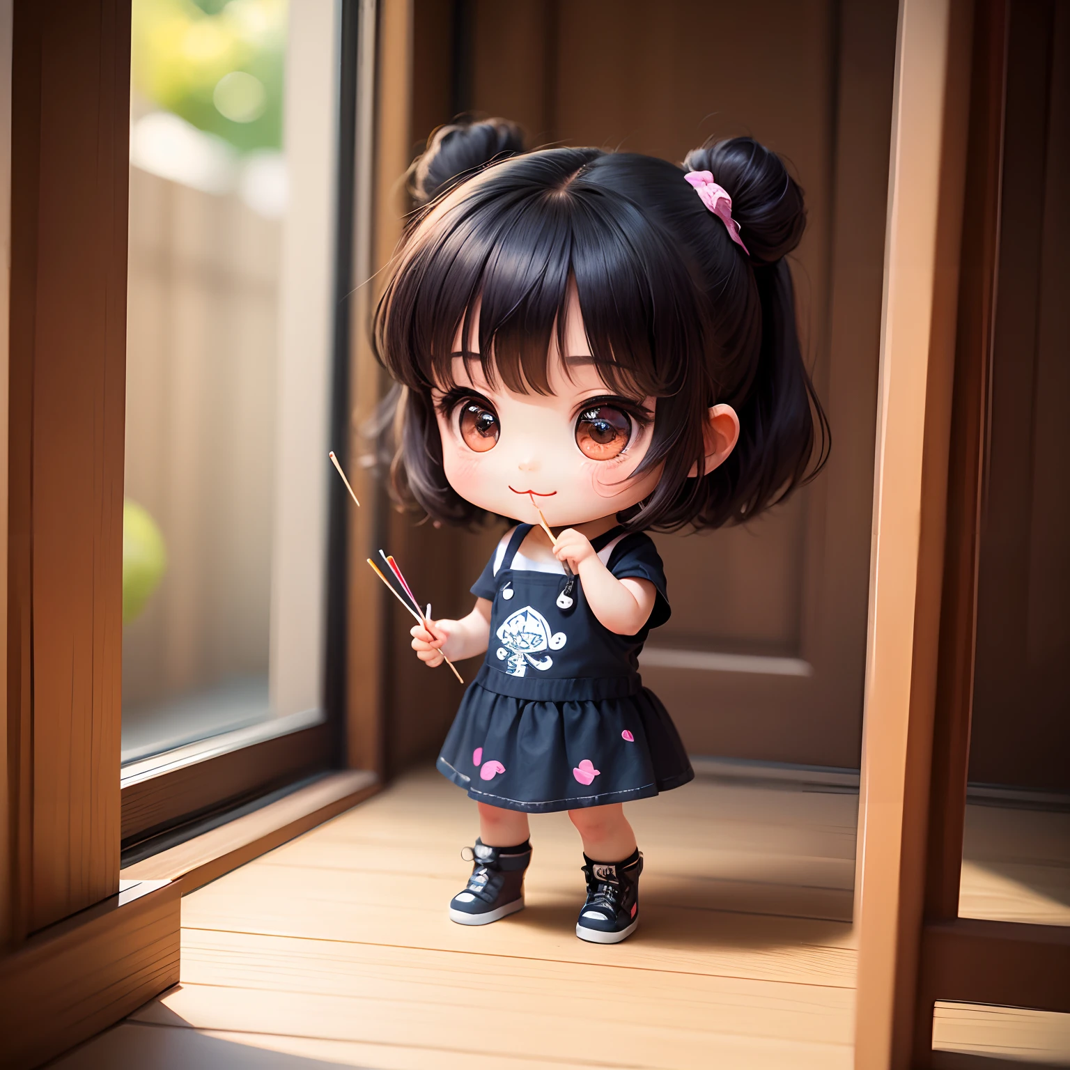 masterpiece、top-quality、ultra-detailliert、(Chibi Chara's Daughter:1.2)、Eating Pocky、dancing、a smile、Standing、Pocky Day