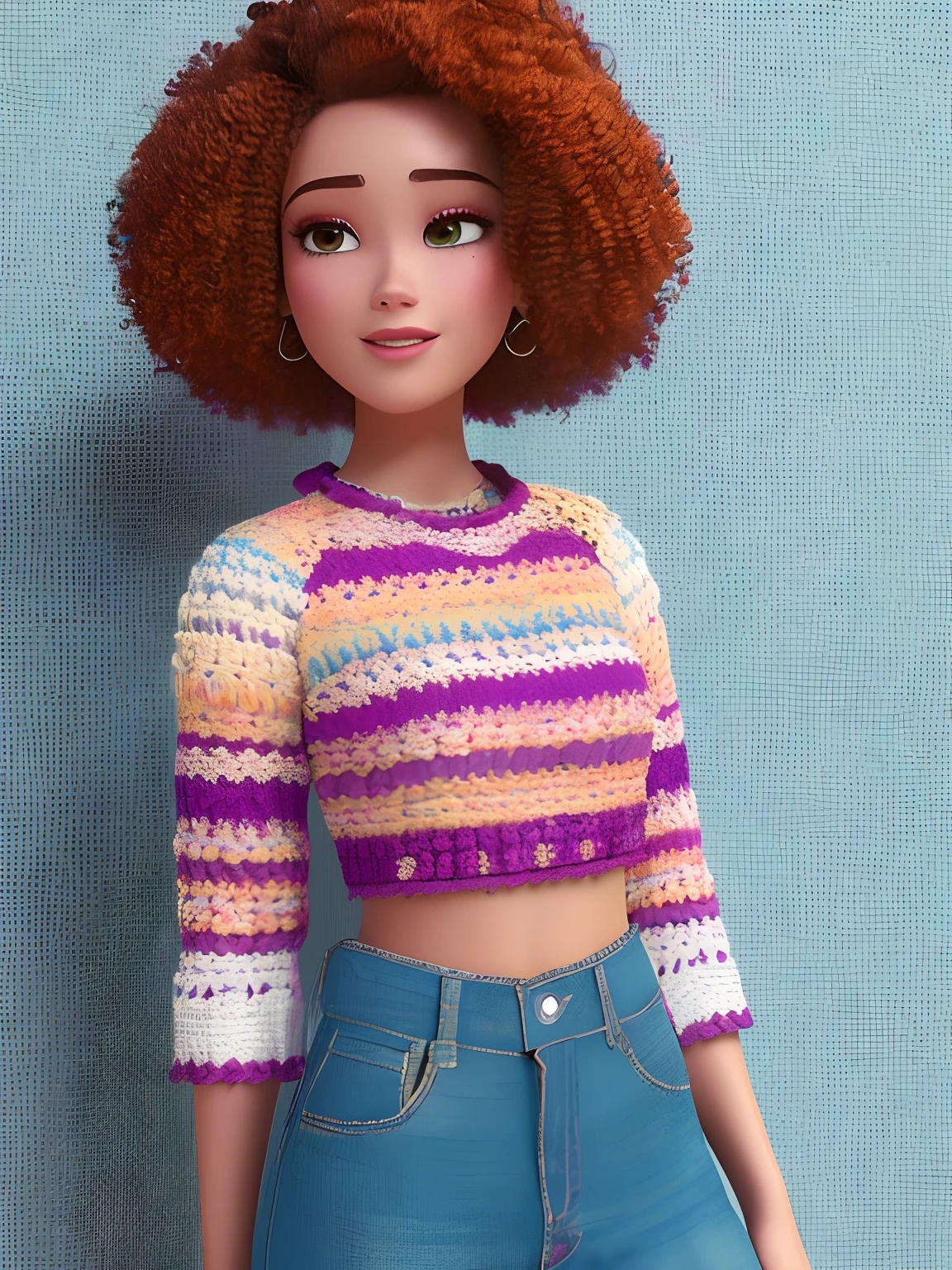(estilo pixar) um retrato na altura da cintura de uma mulher de meia idade de cabelos curtos acinzentados, Wearing colorful square crochet blouse, textura natural da pele, texturas 4k, hdr, intrincado, altamente detalhado, foco nítido, hiperdetalhado