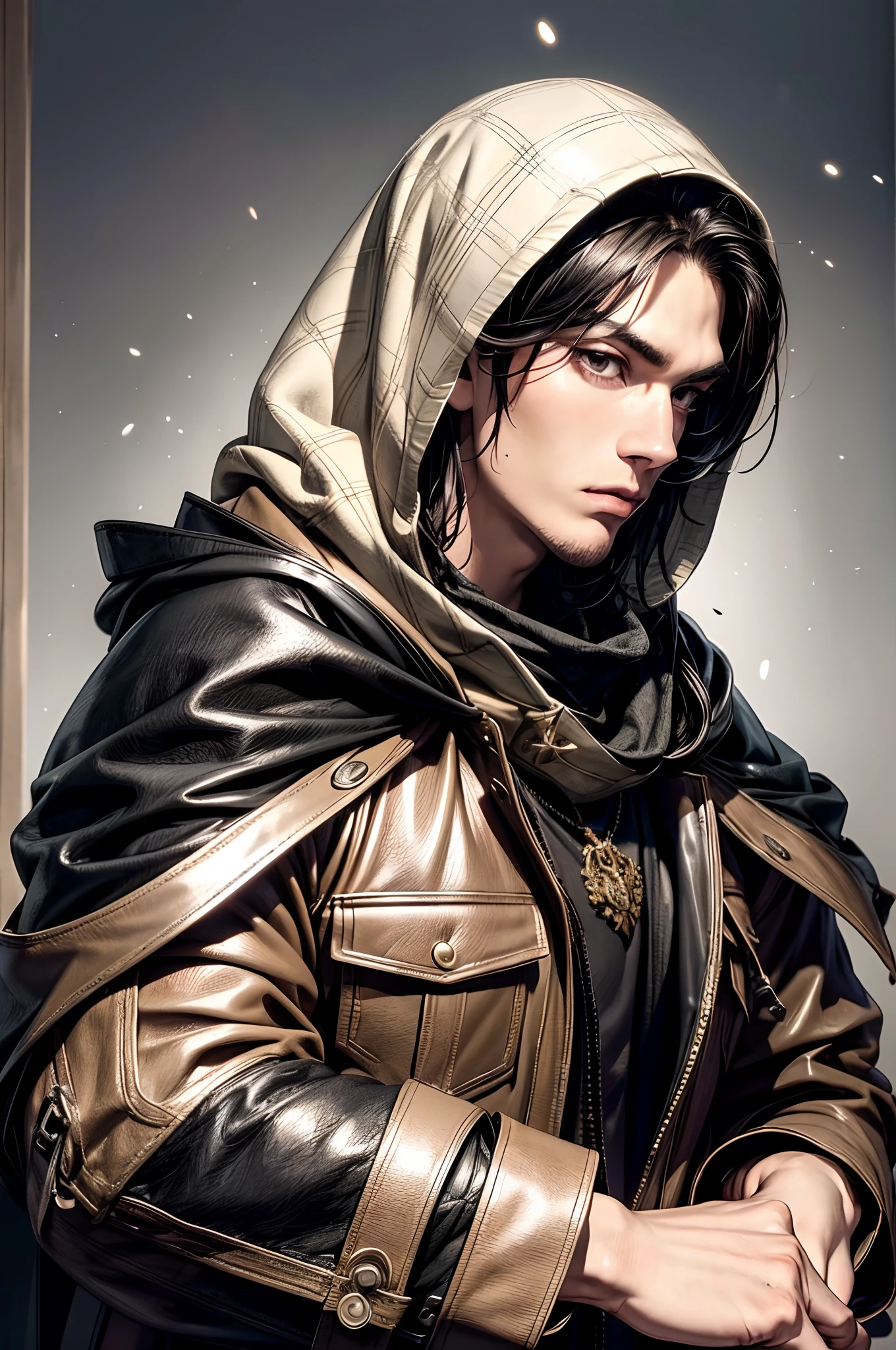 (absurderes, hight resolution, ultra-detailliert), 1 male, Adult, Handsome, High muscular face, broad shoulders, finely detailed eyes, Short black hair, Brown eyes, Black cloak, Wearing a hood, Leather Vest, Leather bag at waist., 2 daggers on the belt, castle, Medieval atmosphere, Natural Light and Shadow, Bright particles fly around a person, Fantastic, Mysterious, Bright glow,  Seated Pose, Serious expression, Cold, thoughtful, Mouth Shut