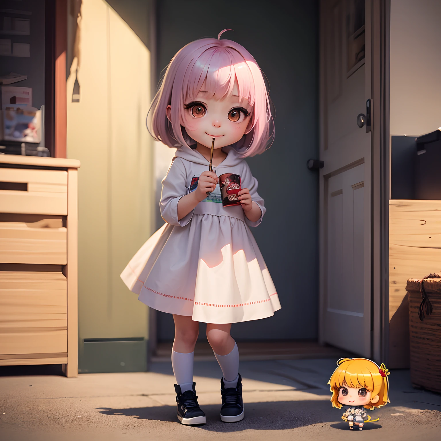 masterpiece、top-quality、ultra-detailliert、(Chibi Chara's Daughter:1.2)、White Bob、wraith、Detailed Pocky、Eating Pocky、Dancing、A smile、Standing、Pocky Day