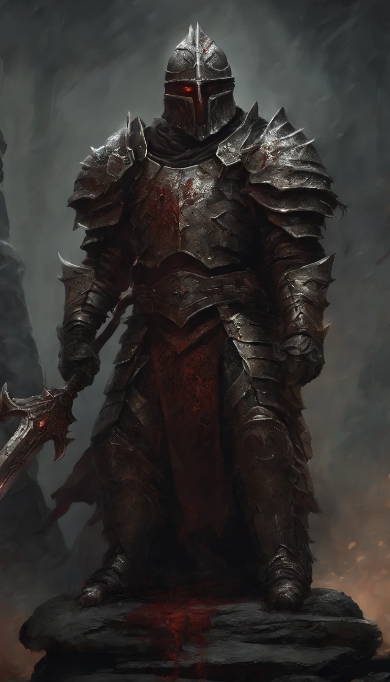 Draw a stone statue of armor with a strong, bloody face and bloody head,  Science fiction horror art, sci-fi horror artwork, inspired by Aleksi Briclot, Fangs of the slaughter, horror fantasy art, Alexis Bricklot（Alexis Bricklot）, horror concept art, veneno, Fantasy and horror art, Detailed illustration of 4K horror, Armor stone statue, full-body portraits，dark fantasy horror art