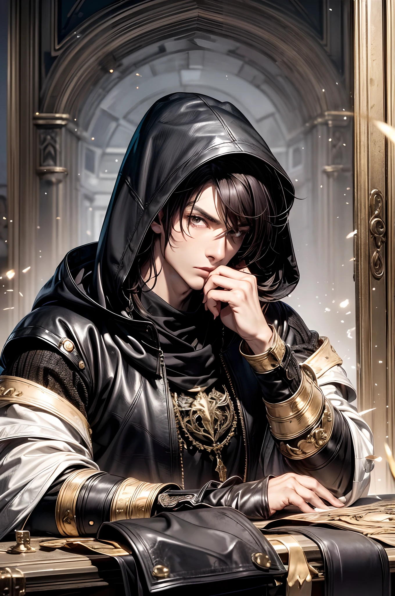 (absurderes, hight resolution, ultra-detailliert), 1 male, Adult, Handsome, High muscular face, broad shoulders, finely detailed eyes, Short black hair, Brown eyes, Black cloak, Wearing a hood, Leather Vest, Leather bag at waist., 2 daggers on the belt, castle, Medieval atmosphere, Natural Light and Shadow, Bright particles fly around a person, Fantastic, Mysterious, Bright glow, Seated Pose, Serious expression, Cold, thoughtful, Mouth Shut