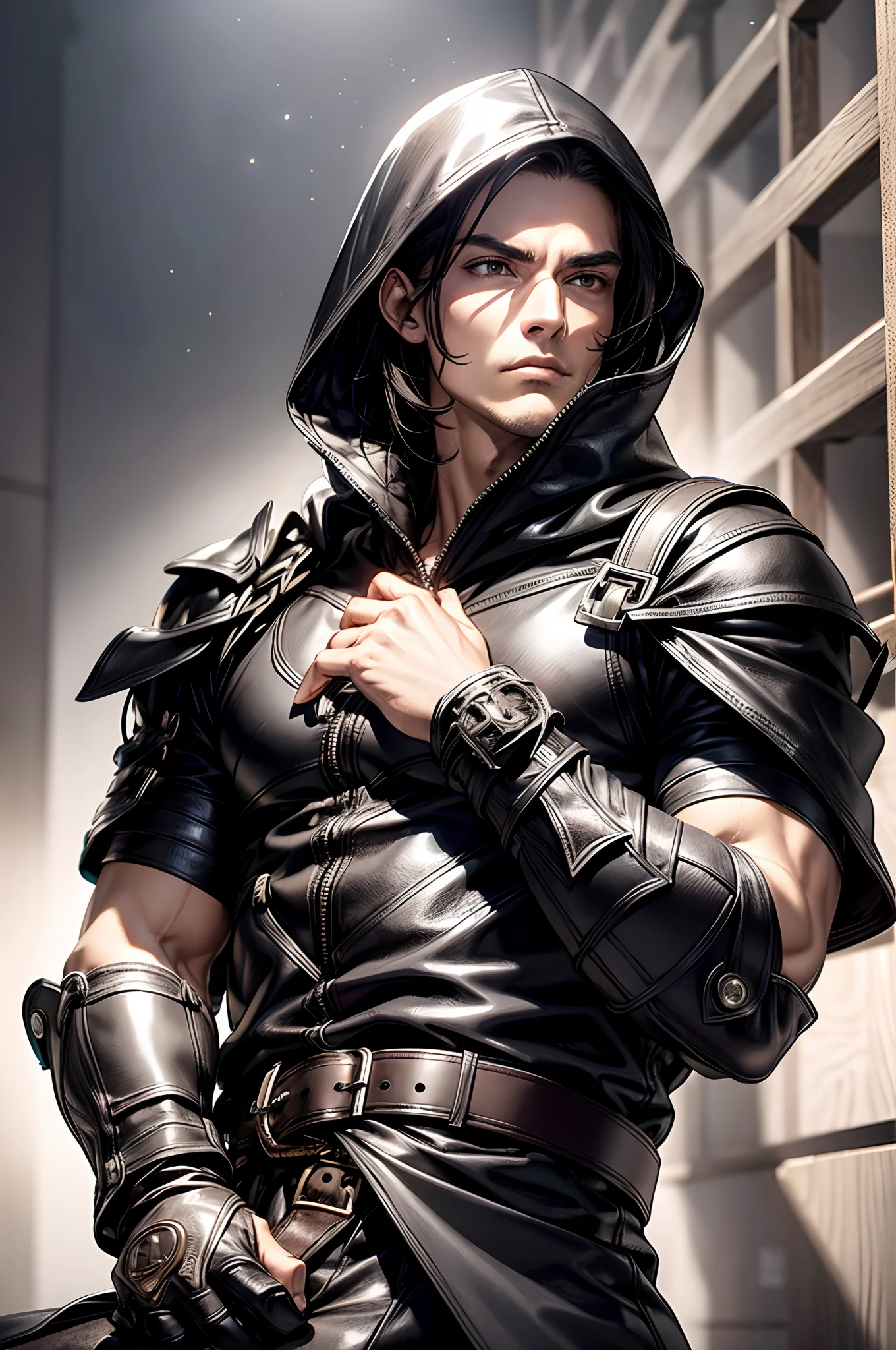 (absurderes, hight resolution, ultra-detailliert), 1 male, Adult, Handsome, High muscular face, broad shoulders, finely detailed eyes, Short black hair, Brown eyes, Black cloak, Wearing a hood, Leather Vest, Leather bag at waist., 2 daggers on the belt, castle, Medieval atmosphere, Natural Light and Shadow, Bright particles fly around a person, Fantastic, Mysterious, Bright glow, Seated Pose, Serious expression, Cold, thoughtful, Mouth Shut