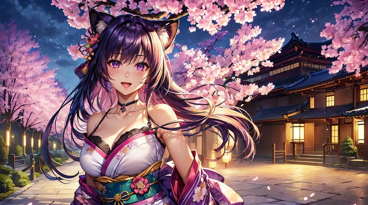 (top-quality、masterpiece、very high res、An ultra-high picture quality、High quality pixels)、(She is a mysterious and bewitching woman, And she is 18 years old,1 person,Single,独奏:1.5)、(She is a very beautiful woman with a beautiful face)、(Beautiful face written in detail,Beautiful body,Strong-willed eyes,Purple eyes,Beautiful and colorful hair,Beautiful skin texture)、(Beautiful hair quality,Variety of hairstyles)、(She has a slender figure and her breasts are D cups)、(lovely smile,Smile, Open mouth,),(Wearing a Japan kimono,Colorful Japan kimono,shoulders are exposed),(Rows of cherry blossom trees at night,Night cherry blossoms in full bloom,Lanterns light),(model poses,modelshoot,Magazine shooting,Hair flutters under the influence of the wind),The wind is blowing、Beautiful Art Style, an animated character、(The whole picture、Detailed picture、accurate anatomy、Defect-free images、extremely detailed picture、Accurate images、Perfect Image 1.5)、(Best Shot Photo 1.2)