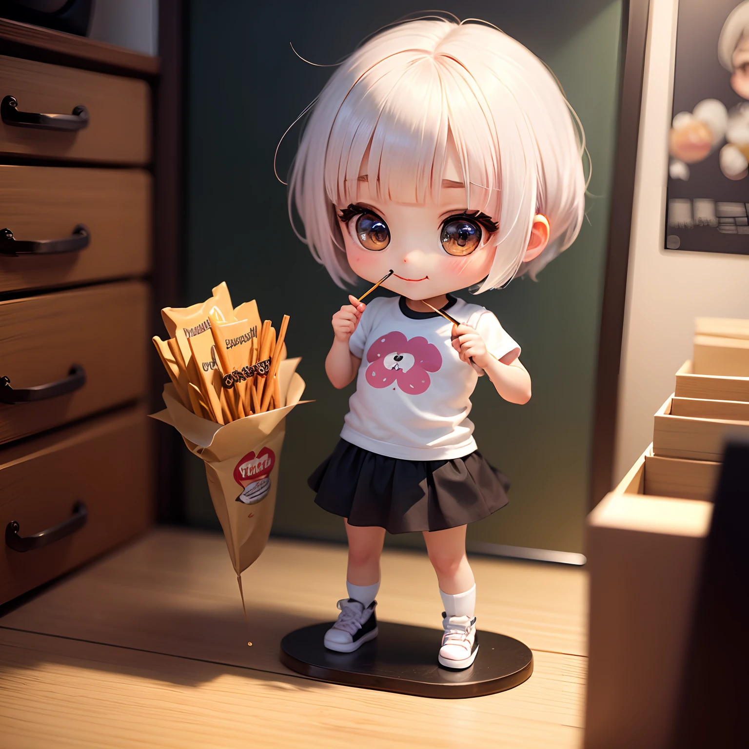 masterpiece、top-quality、ultra-detailliert、(Chibi Chara's Daughter:1.2)、White Bob、wraith、More about Pocky、Eating Pocky、Dancing、A smile、Standing、Pocky Day