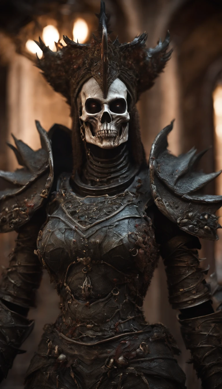 A skeleton with massive bare breasts wearing broken armor