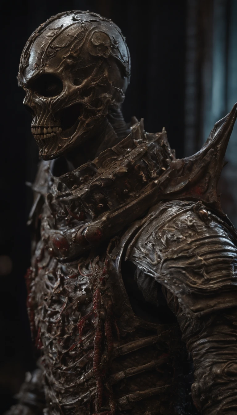 (best quality,4k,highres,masterpiece:1.2),ultra-detailed,realistic,horror,sci-fi,armor sculpture,bloody sculpture,detailed face and head,inspired by Alexis Bricklot,gory fangs,grotesque fantasy art,Alexis Bricklot inspired horror concept art,toxic,dark fantasy horror art,4K detailed illustration,armor sculpture,full body portrait,macabre art