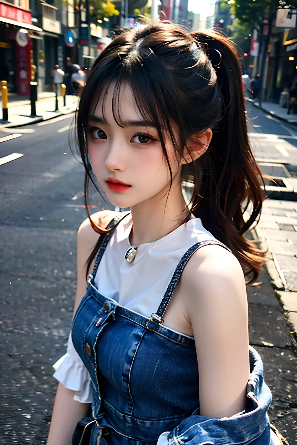 超A high resolution、masterpiece、top-quality、extra detailed face、A detailed eye、Very complex and、perfect glossy shiny skins、Perfect litthing、Detailed Lighting、Dramatic shadows、光线追踪、1 girl in、cowboy shot、Casual fashion、In the street、Harajuku、looking at the viewers、