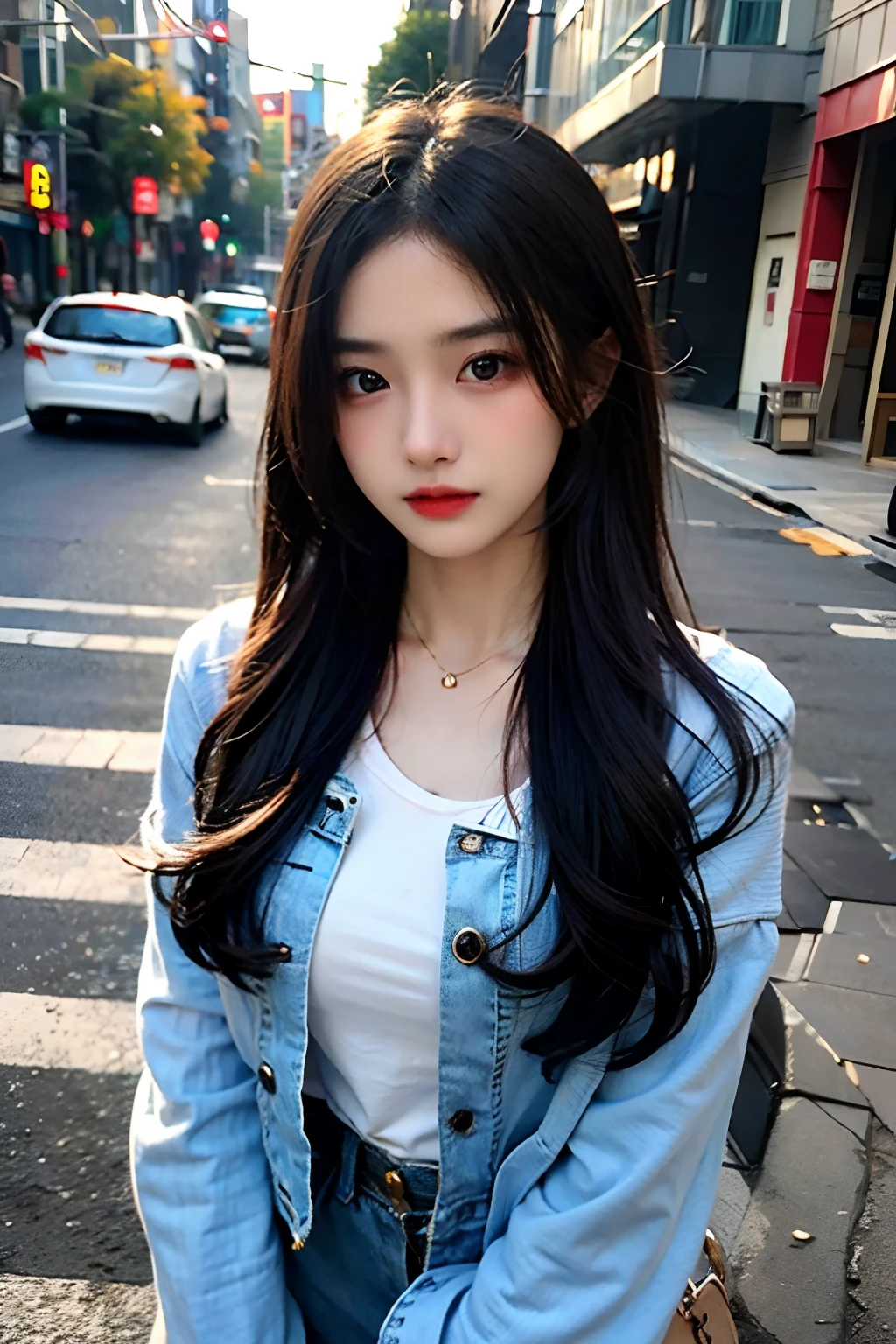 masterpiece, highest quality, High resolution,alone,Brown,artistic,Best lighting,Casual clothing,Flat Chest,Beautiful Face,expensive,smile,light makeup,Age 24,Calm woman,Detailed Hair,Laughing woman,Face Focus,Wavy Hair,Very white skin,Thin eyebrows,Woman wearing a jacket,outside,night,Background Bokashi,illumination,Low exposure,