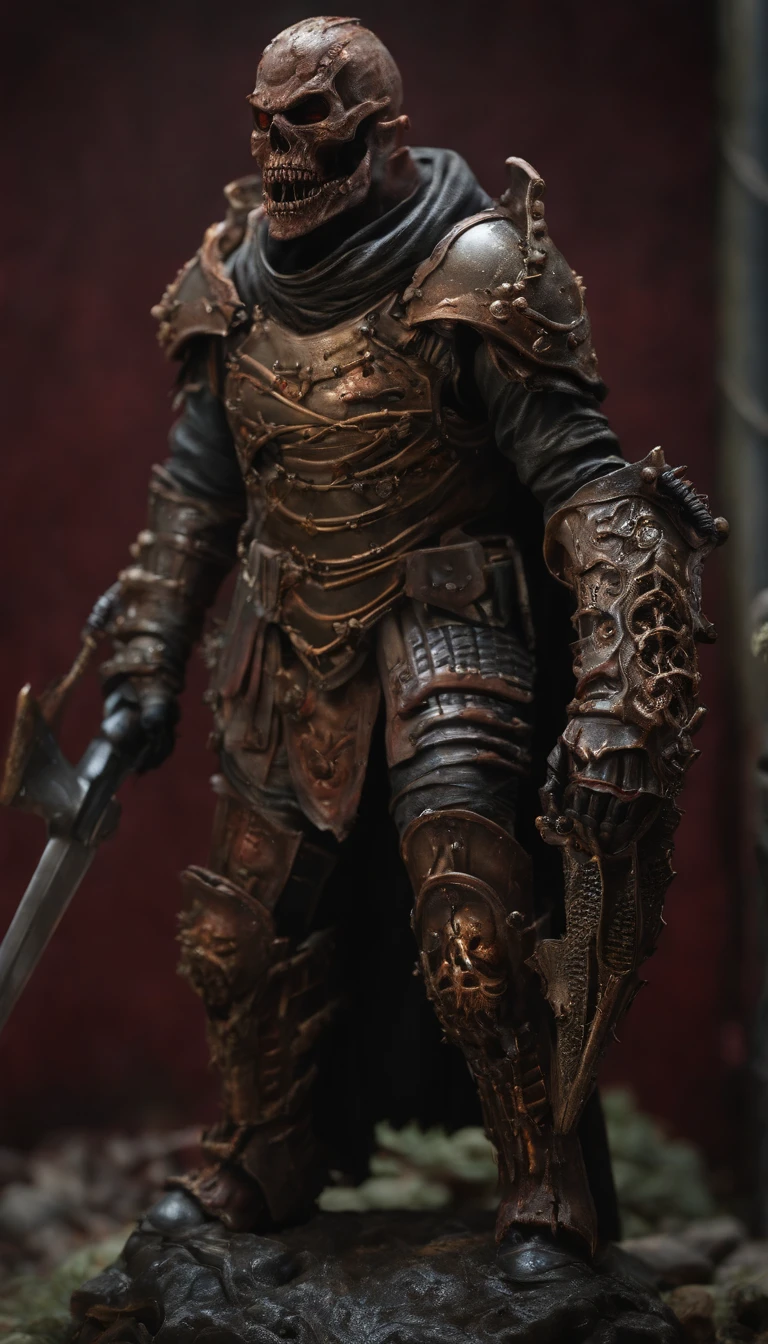 (best quality,4k,highres,masterpiece:1.2),ultra-detailed,realistic,horror,sci-fi,armor sculpture,bloody sculpture,detailed face and head,inspired by Alexis Bricklot,gory fangs,grotesque fantasy art,Alexis Bricklot inspired horror concept art,toxic,dark fantasy horror art,4K detailed illustration,armor sculpture,full body portrait,macabre art
