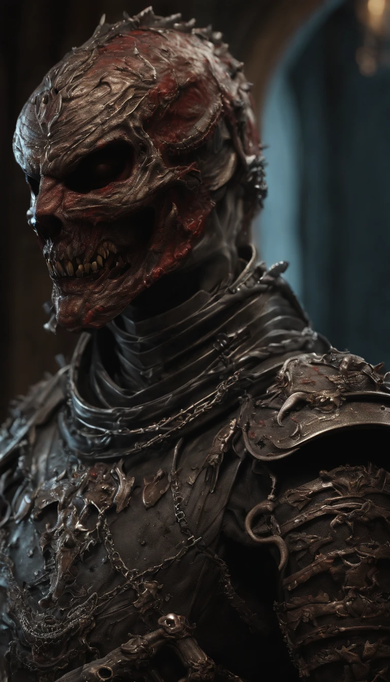 (best quality,4k,highres,masterpiece:1.2),ultra-detailed,realistic,horror,sci-fi,armor sculpture,bloody sculpture,detailed face and head,inspired by Alexis Bricklot,gory fangs,grotesque fantasy art,Alexis Bricklot inspired horror concept art,toxic,dark fantasy horror art,4K detailed illustration,armor sculpture,full body portrait,macabre art