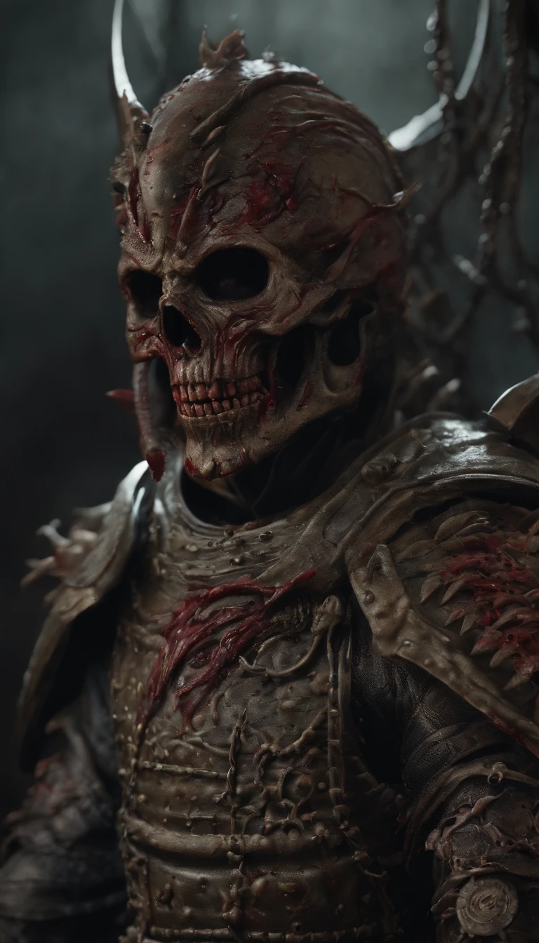 (best quality,4k,highres,masterpiece:1.2),ultra-detailed,realistic,horror,sci-fi,armor sculpture,bloody sculpture,detailed face and head,inspired by Alexis Bricklot,gory fangs,grotesque fantasy art,Alexis Bricklot inspired horror concept art,toxic,dark fantasy horror art,4K detailed illustration,armor sculpture,full body portrait,macabre art
