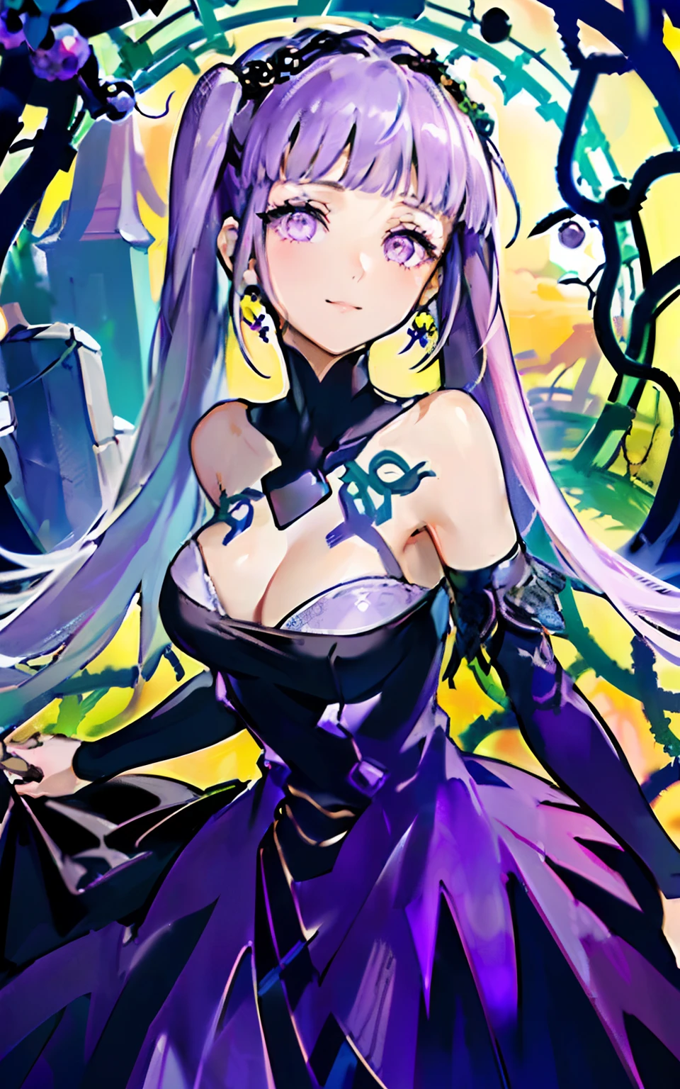 ((masterpiece:1.4、top-quality))+、(ultra-detailliert)+、(Ultra detailed eyes)+、
(pretty 1girl)、、(a purple eye:1.15)、silber hair、Very long hair、(wariza:1.2)、pale skin、a closed mouth、mournful、
(She is dressed in a gown made of intertwining vines:1.5)、(flat breast:1.2)、(Grape dress:1.4)、(dress made of vines:1.2)、(Surrounded by vines:1.4)、
(hopelessness:1.3)、gotik、
(dark yellow vines:1.3)、fronds、(Vines:1.1)、
(dawn light:1.2)、Das Veilchen、
(Heavy monochrome:1.16)、(depth of fields:1.4)、A slight smil