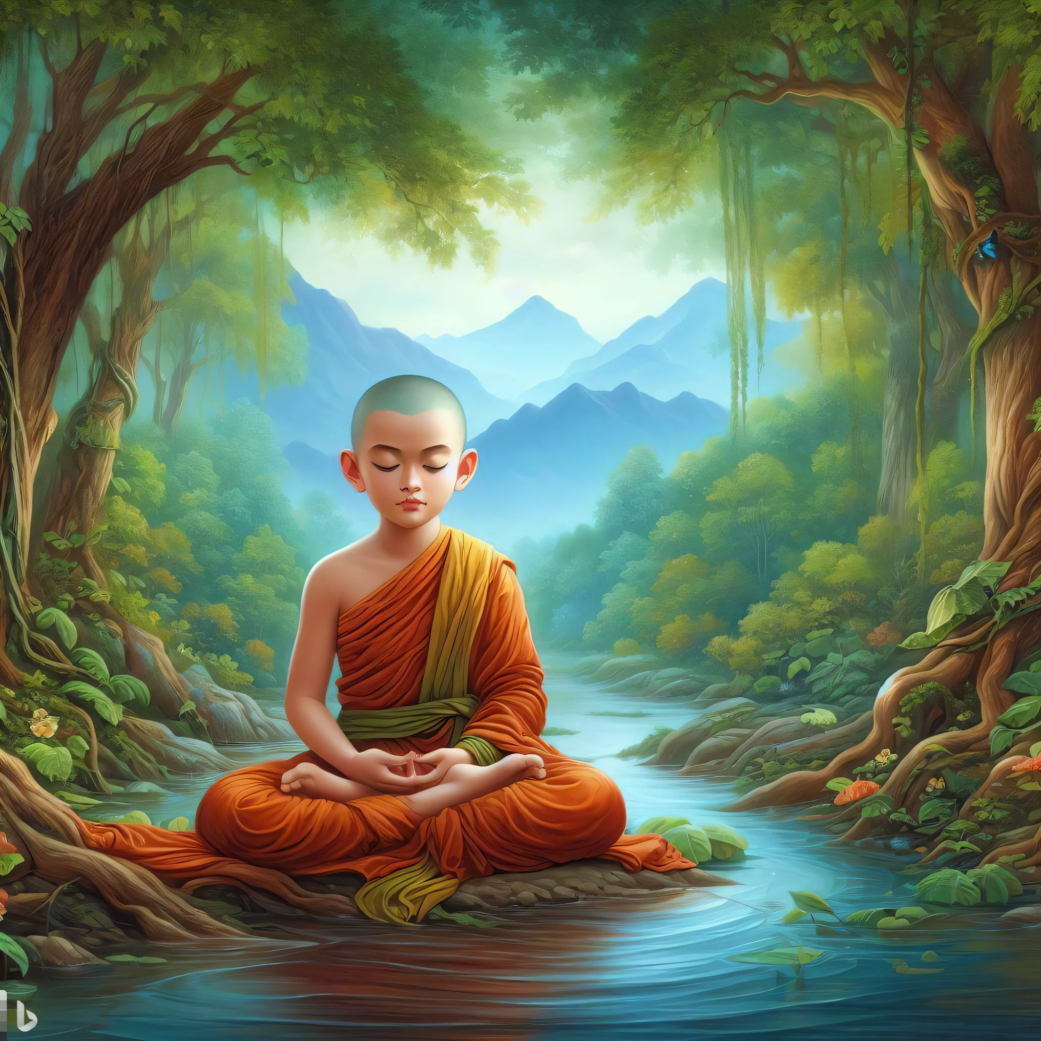 a painting of a monk sitting in a river surrounded by trees, monk meditate, buddhism, buddhist monk meditating, buddhist, hindu stages of meditation, buddhist monk, the buddha, on path to enlightenment, buddha, meditation, serene expression, meditating, on the path to enlightenment, monk, zen meditation, praying meditating, samsara, meditating pose, monk clothes