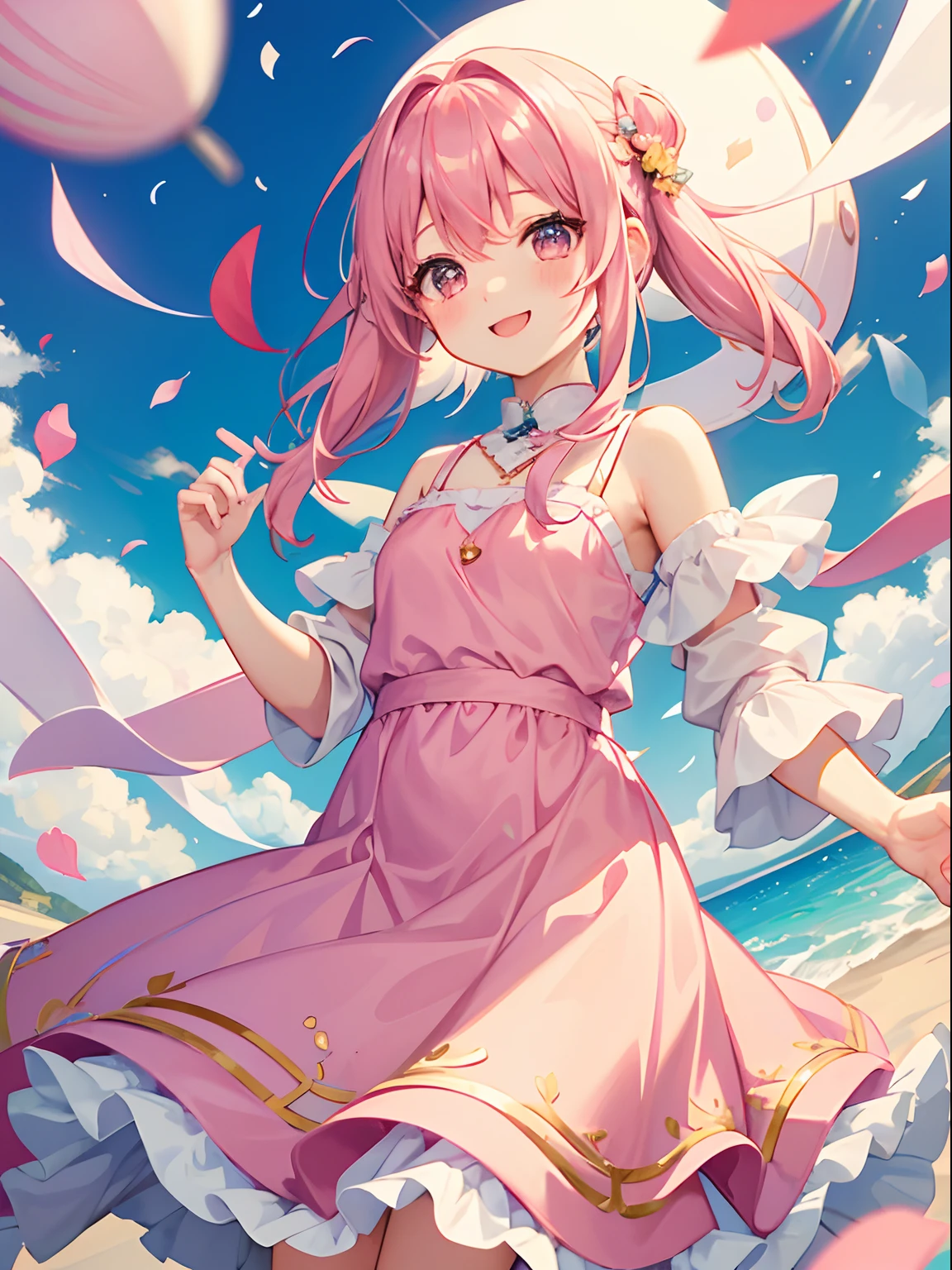 masutepiece, hyper quality, Hyper Detailed, Perfect drawing,Hi-Res、1girll,full body Esbian、ssmile、Loose and fluffy hair、(((drills twintails)))、A pink-haired、Big eyes with double eyelids、lofty nose、blusher(0.2)、small mouth、ear piercings、Swimsuit(ta Fashion:0.2)(frilld:1.5)(White pink swimsuit)、Premium Services、Beach、blue-sky、Summer colors、Sunlight、shores、White sandy beach、Shooting from diagonally below, portlate、beatiful backgrounds, meticulous drawing, Accurate drawing、Perfect illustration、Perfect Beautiful Girl、high-class sense