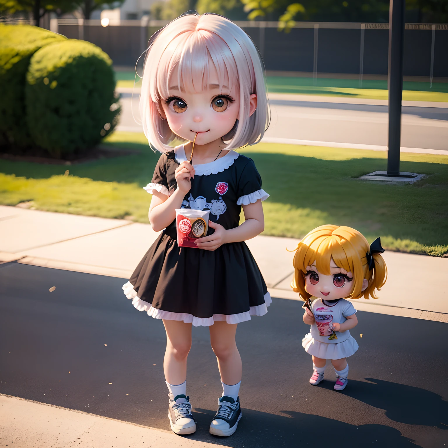 masterpiece、top-quality、ultra-detailliert、(Chibi Chara's Daughter:1.2)、White Bob、wraith、About Pocky、Eating Pocky、The place is an athletic park with a smile on my face、Standing、Pocky Day