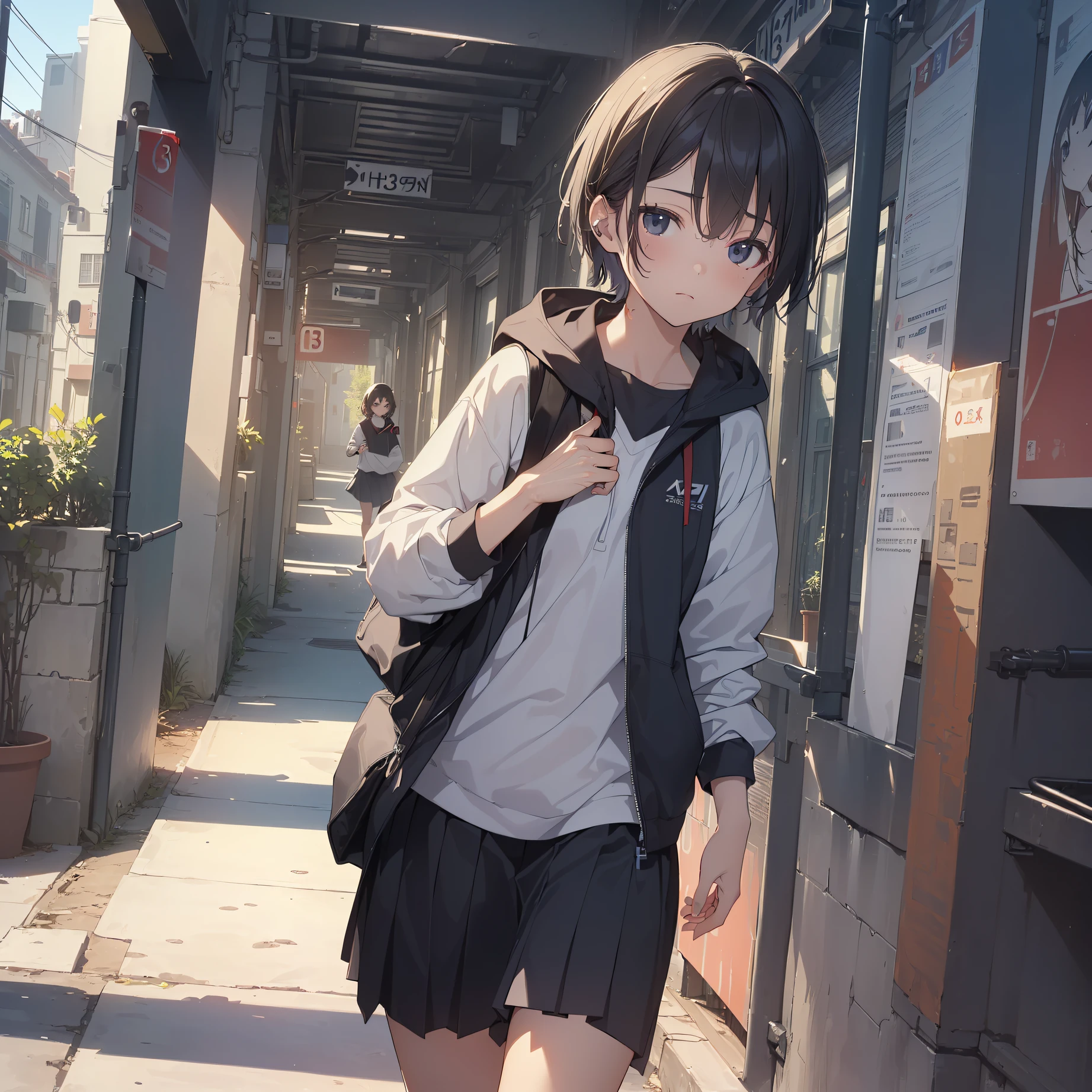 ((top quality, anime, ultra-detailed,high resolution,extremely detailed CG,unity 8k wallpaper, by famous artist, perfect ???????, super detailed skin, cinematic lighting, UHD, retina, anatomically correct, 1080P)),break,(Please draw a girl walking sleepily to school. :1.3),break, 1girl, (Solo,Loli face,13-year-old:1.5),a junior high school student, androgynous charm, (Very Short hair), Full limbs, complete fingers,flat chest, Small butt, groin, Beautiful detailed black eyes, disgusted eye, school Uniform, (Detailed Lighting), (Detailed background), (in the school zone),