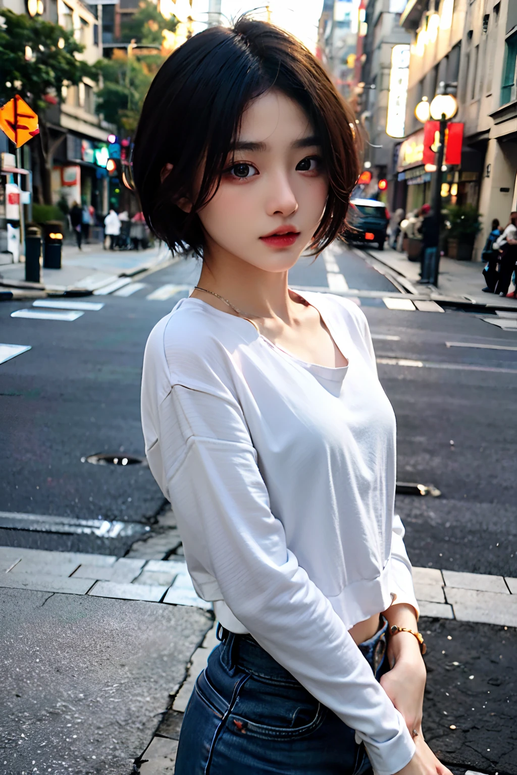 超A high resolution、​masterpiece、top-quality、extra detailed face、A detailed eye、Very complex and、perfect glossy shiny skins、Perfect litthing、Detailed Lighting、Dramatic shadows、光线追踪、1 girl in、cowboy  shot、Casual Fashion、In the street、Harajuku、looking at the viewers、Dynamic Poses、a pixie cut