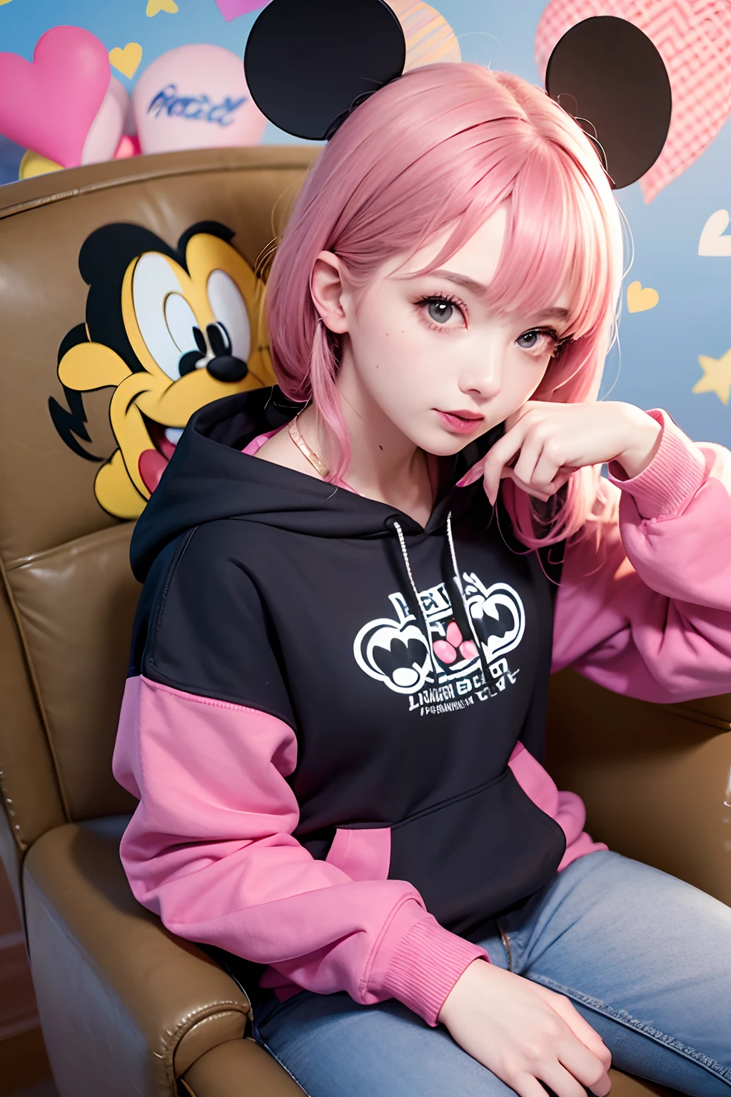 arafed woman sitting in a chair with a pink heart on her back, hoody, cartoonish style, hodie mihi cras tibi, mickey mouse, disney artist, hoodie, wearing an oversized hoodie, disney disney, hand painted cartoon art style, disney style, trending on r/streetwear, wearing jeans and a black hoodie