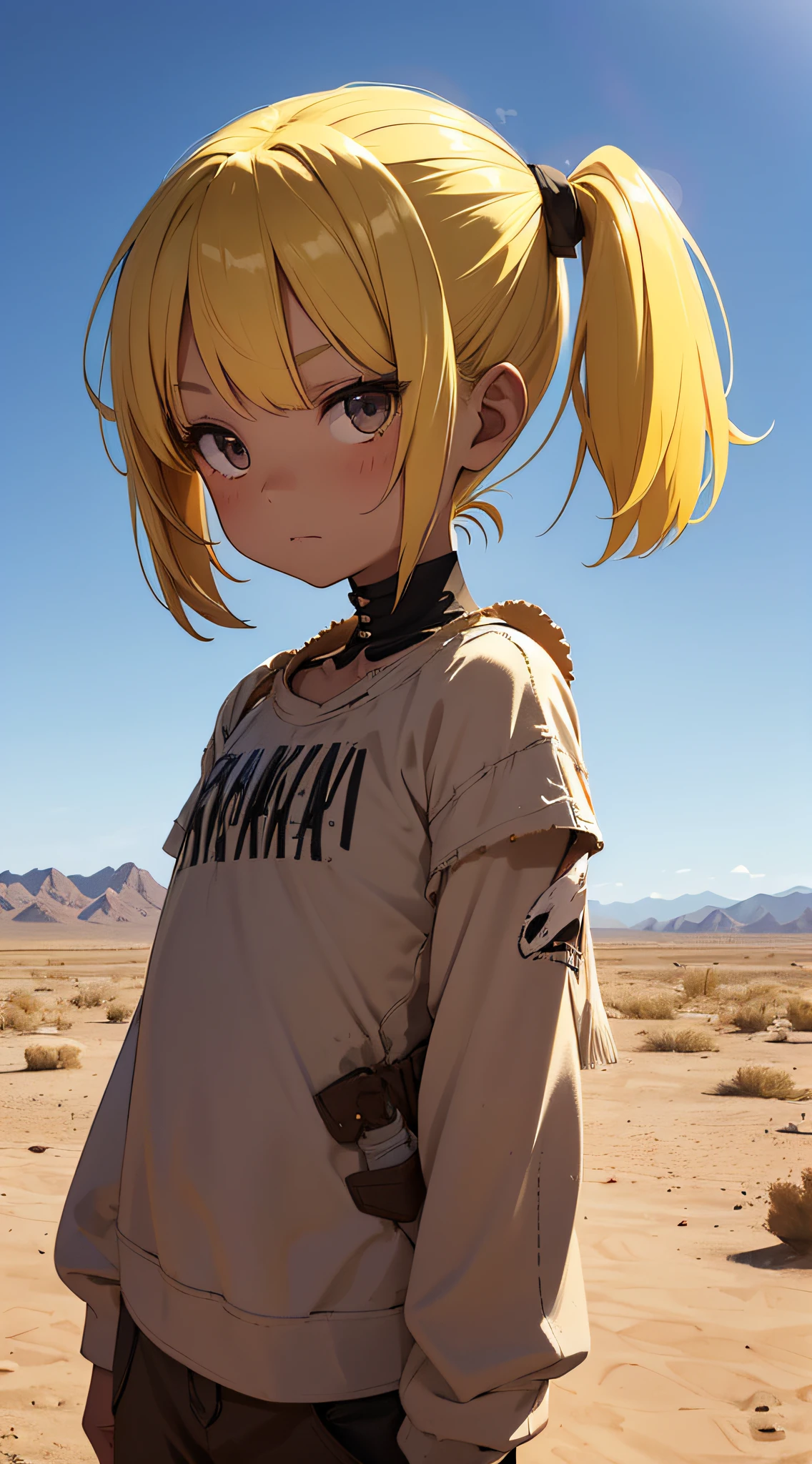 -yeld giwith yellow hair。Being in the desert。Wearing tattered clothes。Have a stick。desert background。Skeletons are buried here and there。chiquita。The skin is hidden。twintails hairstyle。Have a scoop。The background is a desert where skeletons are buried。Short twin tails。
