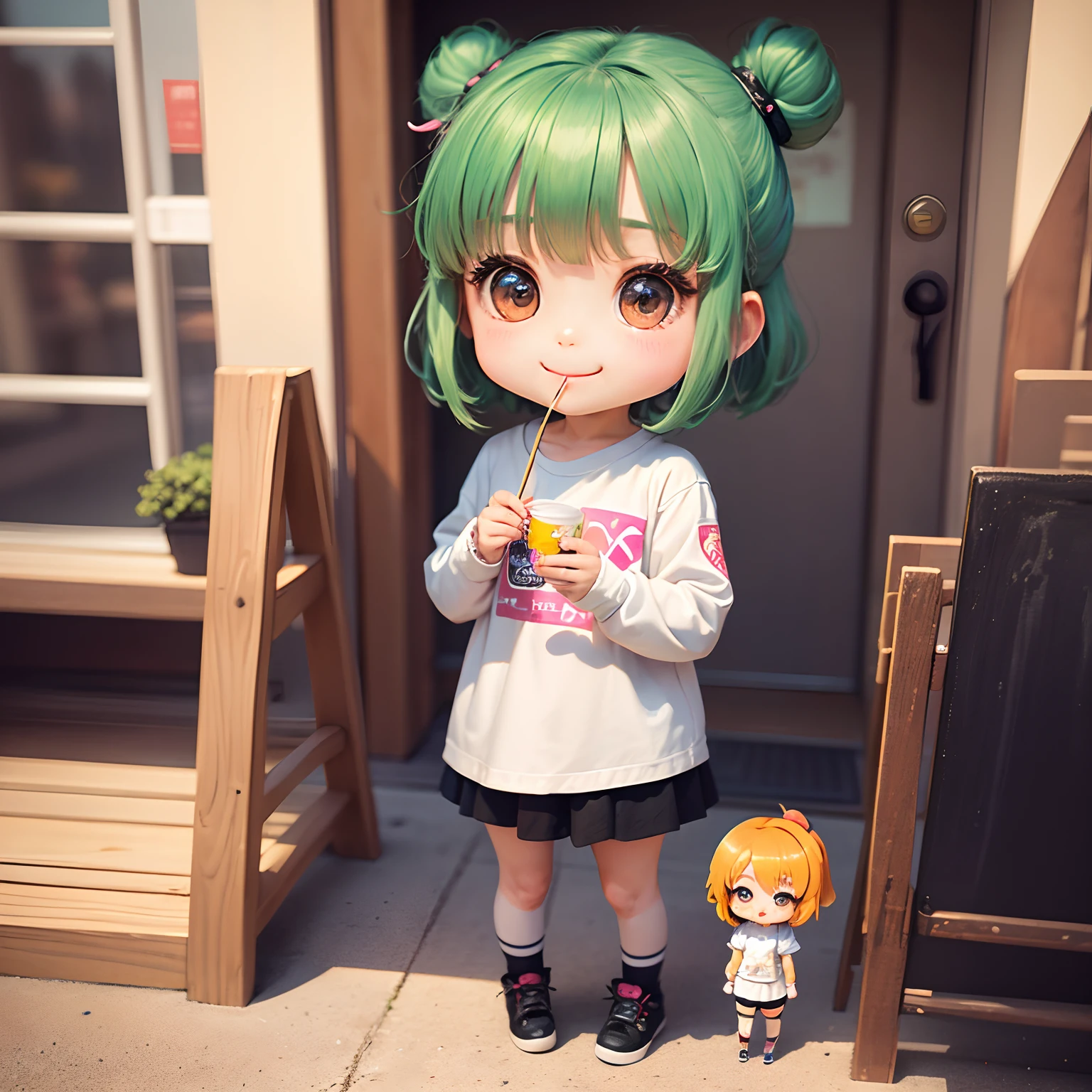 ​masterpiece、top-quality、ultra-detailliert、(Chibi Chara's Daughter:1.2)、White Bob、wraith、About Pocky、Eating Pocky、The place is a smiling athletic park、Standing、Pocky Day