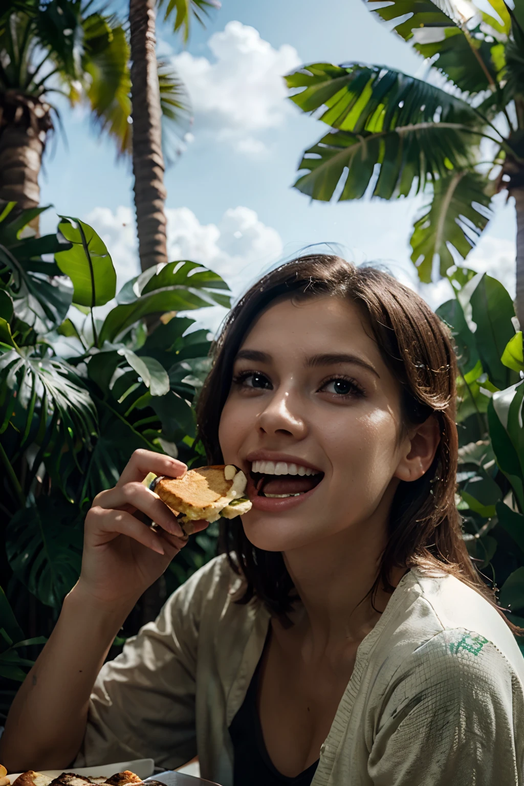 A girl with an open mouth in a jungle with teeth is eating pancakes at the snack bar, in the background, artstation, hyper realism, high definition photo realistic, photorealistic, cinematic lighting, octane render, trending on artstation close up. cinematic, ultra - realistic, cinematic, cinematic lighting, dynamic lighting, path