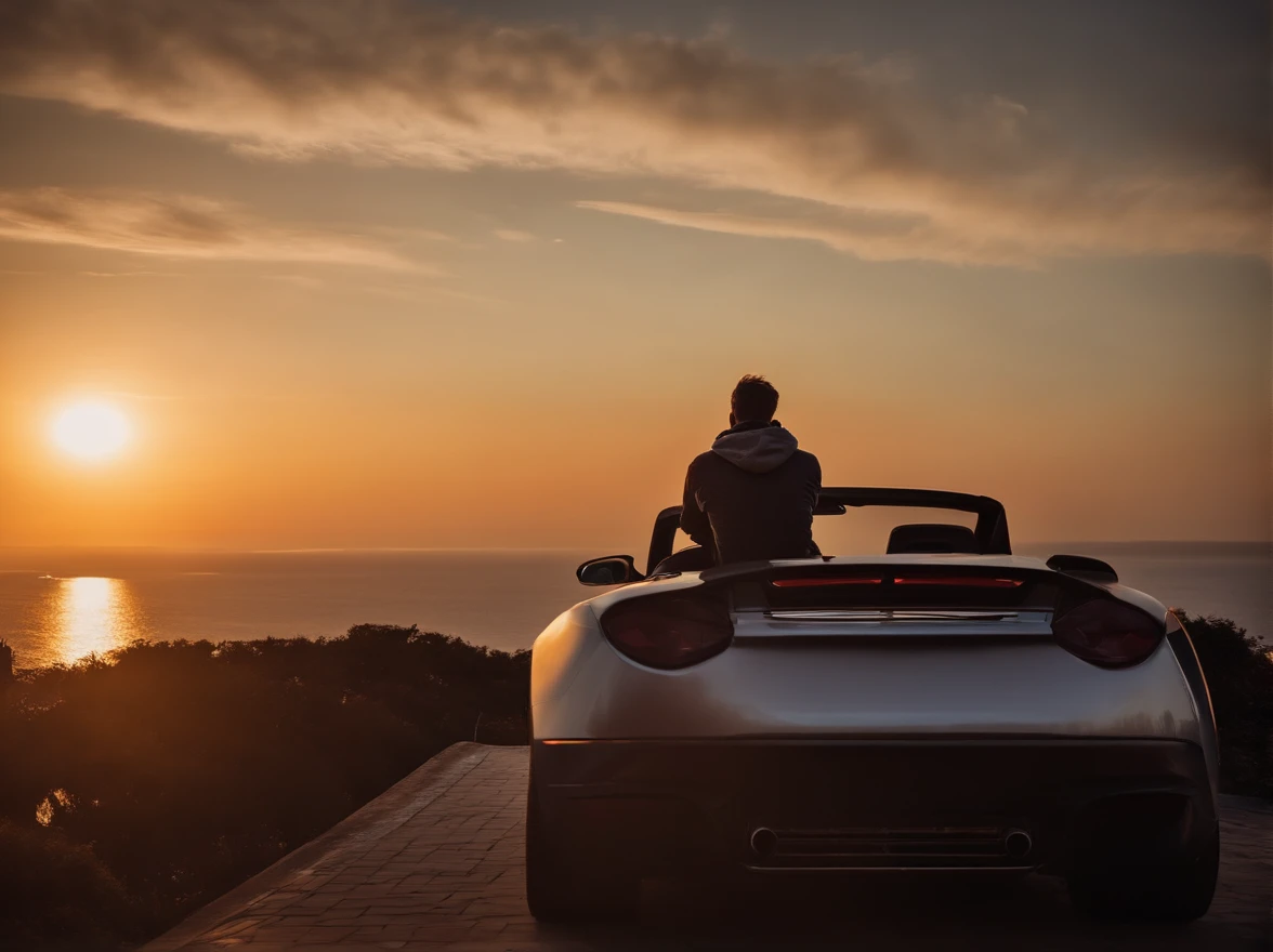 A man from behind sitting on the roof of his sports car watching the sunset over the sea from a high outlook. Some stars in the sky is also visable, sitting on the roof, alone no clouds