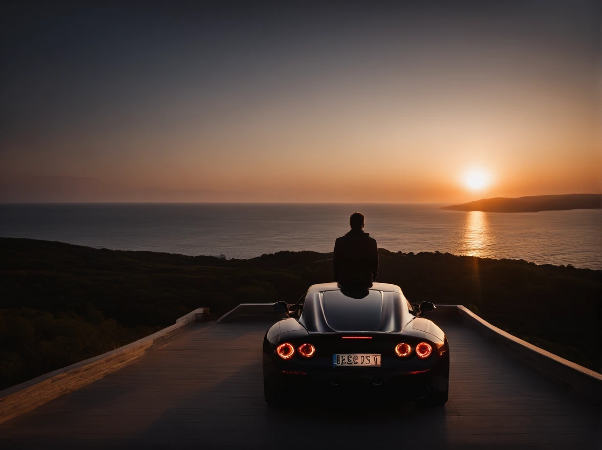 A man from behind sitting on the roof of his sports car watching the sunset over the sea from a high outlook. Some stars in the sky is also visable, sitting on the roof, alone no clouds