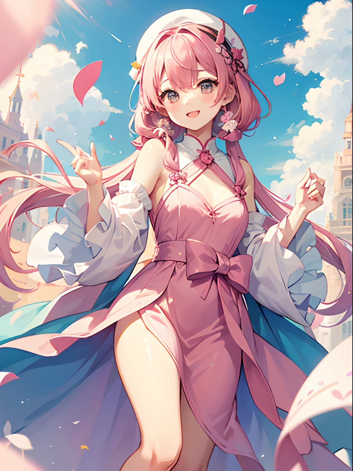 One girl、Pink hair、PastelColors、Cute、blush, tiny chest, celebration, long dress, colorful confetti, smile