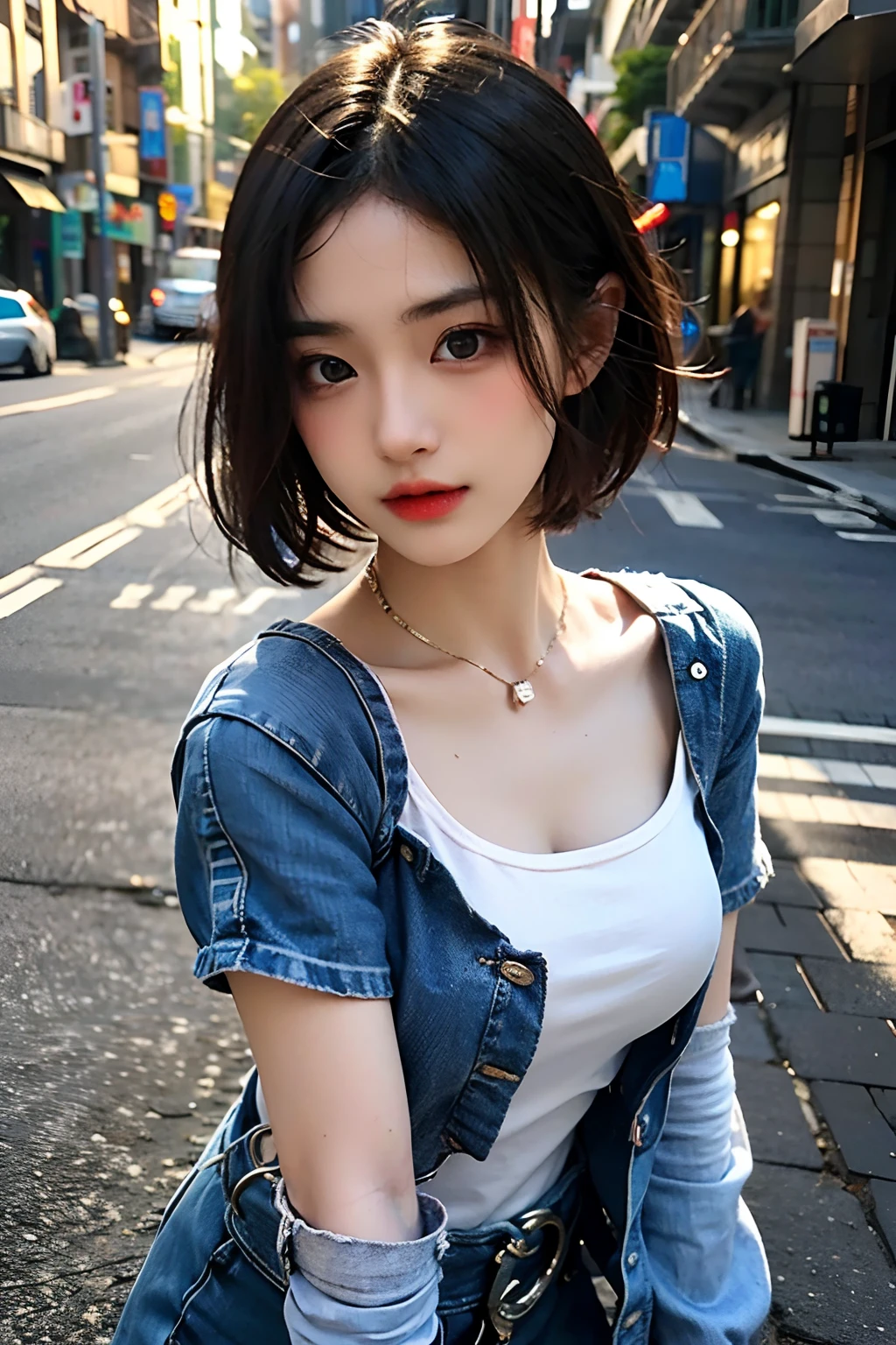 超A high resolution、masterpiece、top-quality、extra detailed face、A detailed eye、Very complex and、perfect glossy shiny skins、Perfect litthing、Detailed Lighting、Dramatic shadows、光线追踪、1 girl in、cowboy shot、Casual Fashion、In the street、Harajuku、looking at the viewers、Dynamic Poses、a pixie cut、medium breasts