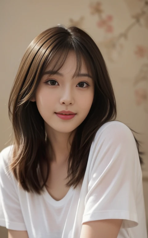 Masterpiece, Best picture quality, High quality, Beautiful woman, Japanese, Detailed, Detailed eyes, Detailed skin, Beautiful skin, 超A high resolution, (reality: 1.4),Very beautiful, Slightly younger face, Beautiful skin, Slender, (Ultra photo realsisim), (A high resolution), (8K), (Very detailed) (Beautifully detailed eyes), (Super detailed), T-shirt, Pants, (the wallpaper), (Detailed face), view the viewer, Fine details, Detailed face, Smiling, Staring straight ahead, Staring straight ahead, angle from waist up, Realistic photo, Bright lighting, Professional lighting, Mature woman, Brown hair, Sway in the wind Straight hair shoulder to shoulder, Long stylish bangs,