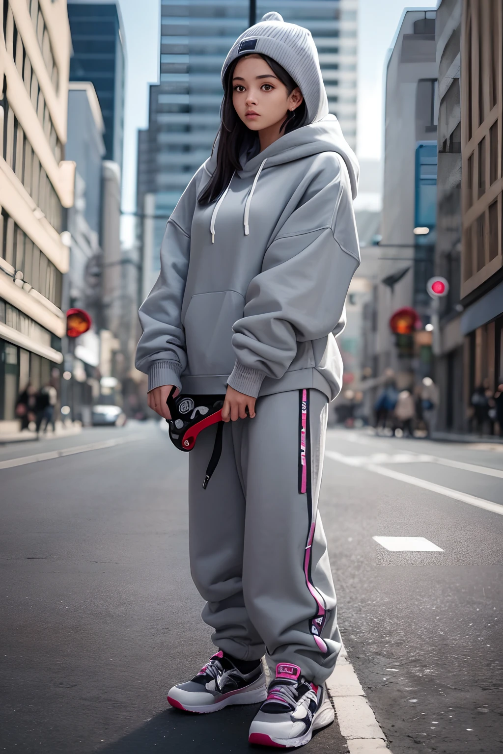 a woman in a hoodie standing on a block with a skateboard, wearing an oversized hoodie, gray hoodie, realistic clothing, 2 0 2 0 fashion, mythical creature, a mythical creature, grey hoodie, high detail clothing, oversized hoodie, trending on r/streetwear, she is wearing streetwear, girl wearing hoodie, oversized, woman in streetwear, realistically rendered clothing