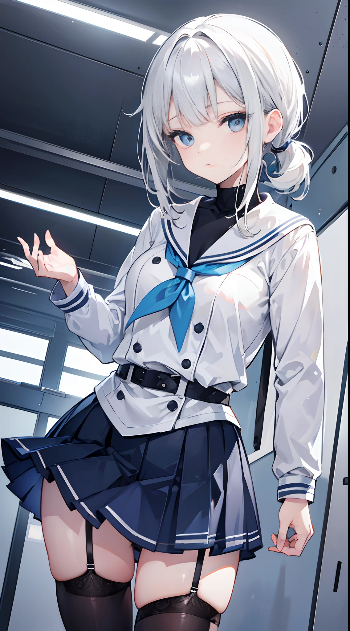 Short silver-white hair，side pony tail，Light blue eyes，Sailor uniforms, school uniforms, uniforms，black lence stockings，Girl in good shape，Issuing，Air bangs，Futuristic high-tech sense