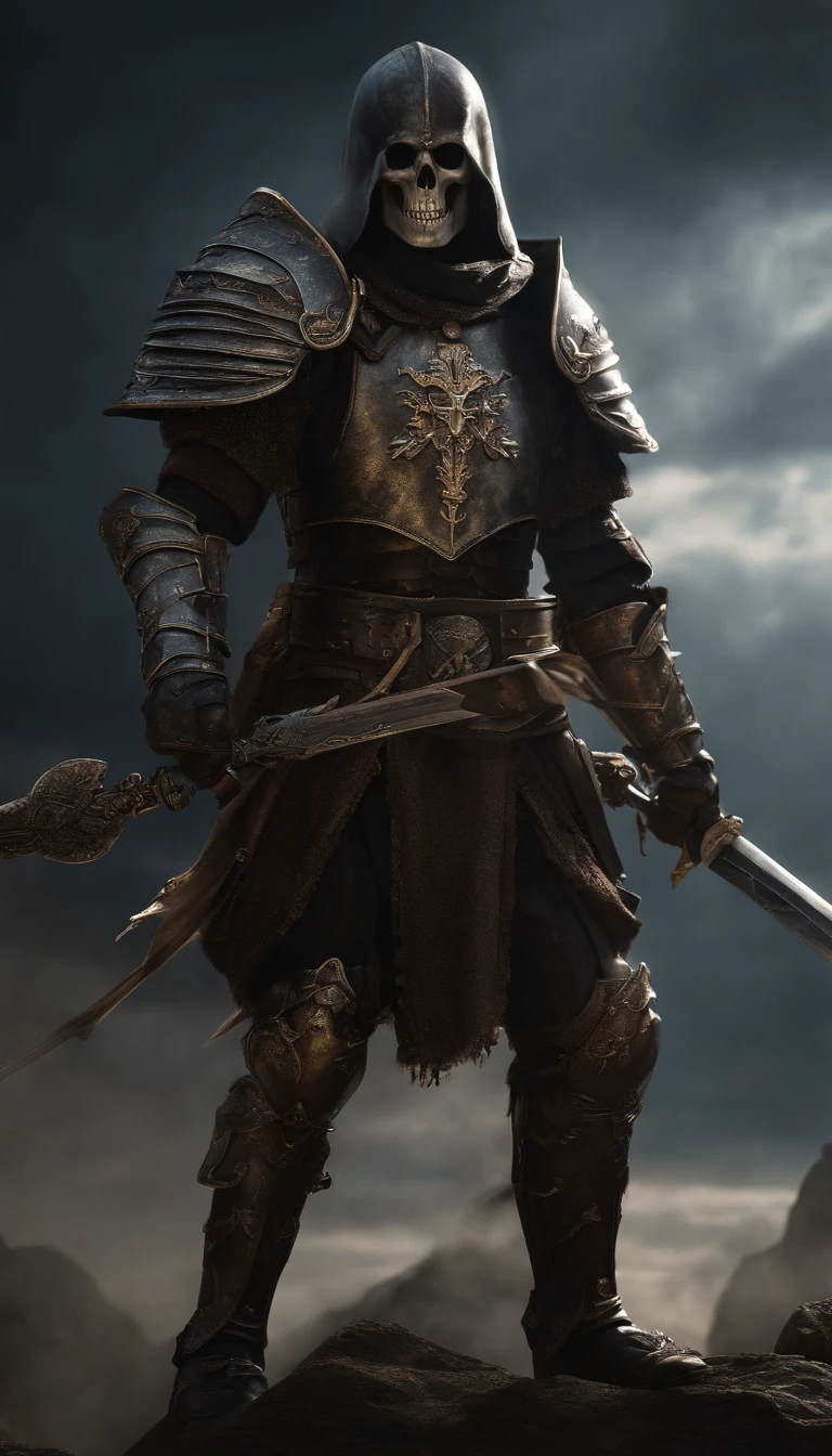 (best quality,4k,8k,highres,masterpiece:1.2),ultra-detailed,(realistic,photorealistic,photo-realistic:1.37),skeletal warrior in armor,holding a sharp sword,standing, focusing on the skull, hyper-detailed full-body portrait, surreal artwork, horror genre, dark and moody color palette, dramatic lighting