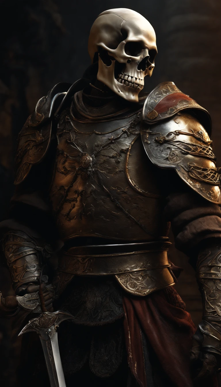 (best quality,4k,8k,highres,masterpiece:1.2),ultra-detailed,(realistic,photorealistic,photo-realistic:1.37),skeletal warrior in armor,holding a sharp sword,standing, focusing on the skull, hyper-detailed full-body portrait, surreal artwork, horror genre, dark and moody color palette, dramatic lighting
