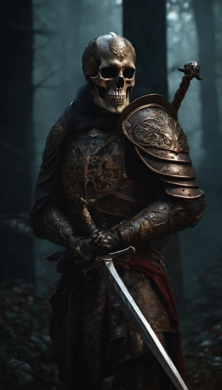 (best quality,4k,8k,highres,masterpiece:1.2),ultra-detailed,(realistic,photorealistic,photo-realistic:1.37),skeletal warrior in armor,holding a sharp sword,standing, focusing on the skull, hyper-detailed full-body portrait, surreal artwork, horror genre, dark and moody color palette, dramatic lighting