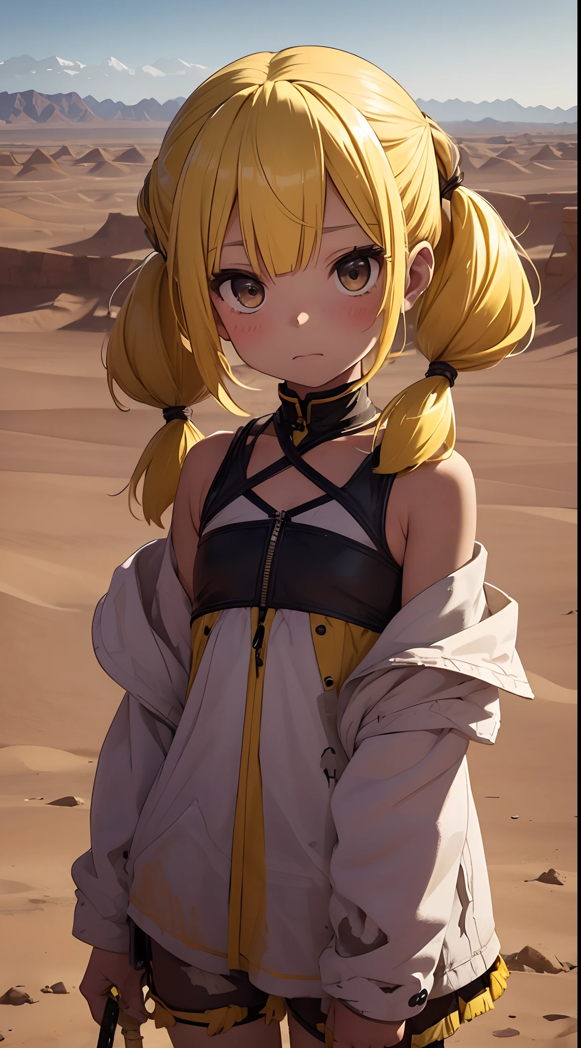 10-year-old girl with yellow hair。Being in the desert。Wearing tattered clothes。Have a stick。desert background。Skeletons are buried here and there。chiquita。The skin is hidden。twintails hairstyle。Have a scoop。The background is a desert where skeletons are buried。Short twin tails。