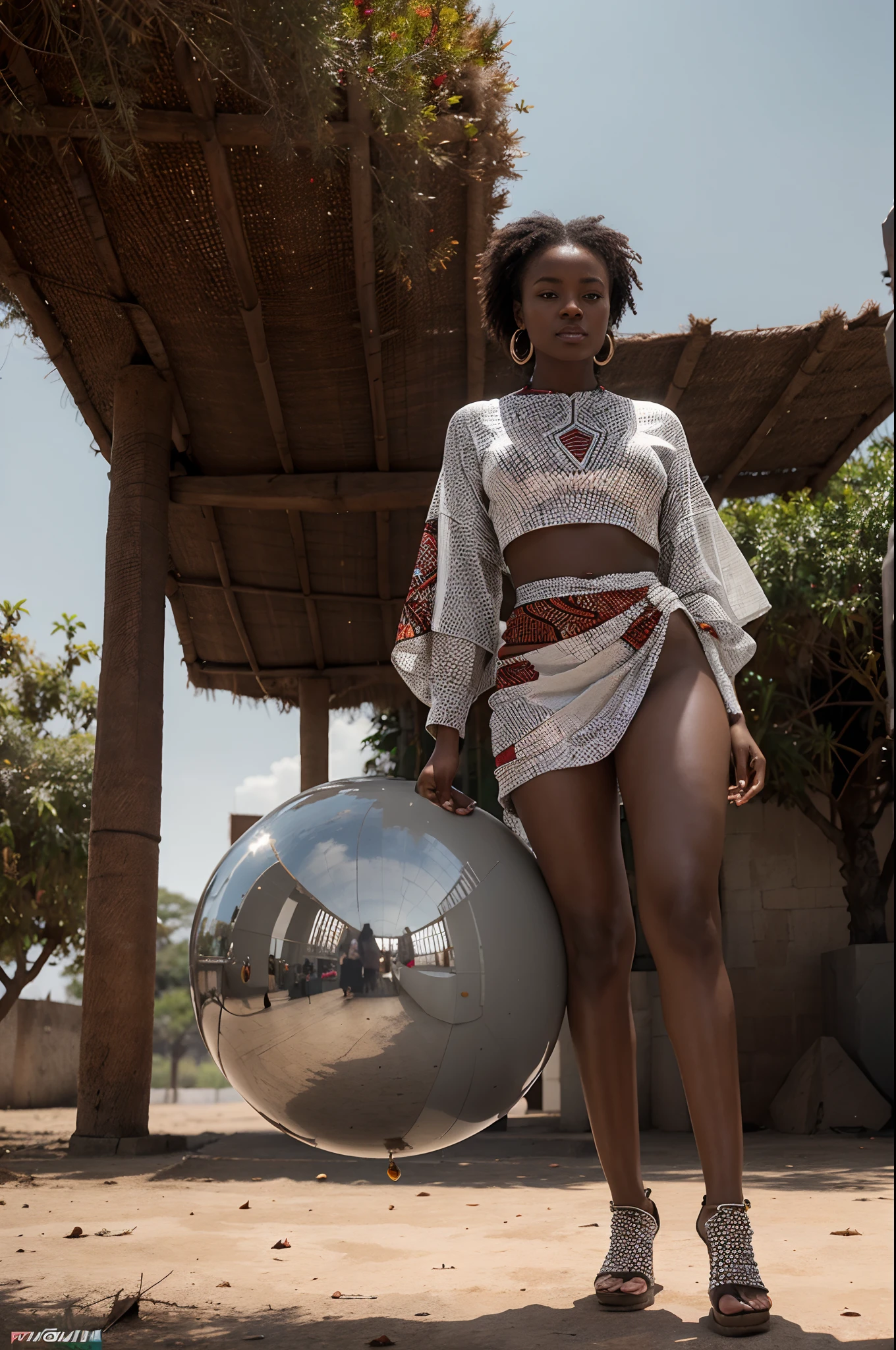 Low angle shot of African woman dressed in African designed clothes made of beads and leaves, standing in a futuristic empty space full of floating spherical drones, red sky reflected on the reflective ground surface, grey light shining in the scene giving a grey white cinematic look in the scene, artgerm style, 32k, ultra HD, unreal engine rendered, hyper-realistic image,