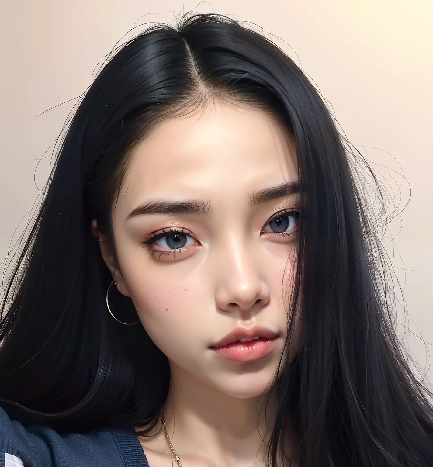 mulher arafed com cabelo preto longo e uma camisa azul, olhos negros e testa grande, south east asian with round face, olhos negros mal-humorados, cruel korean goth girl, jennie blackpink, sem maquiagem, olhos escuros, grandes olhos escuros, pale round face, grandes olhos negros, Asian face, cabelos pretos e olhos grandes, com olhos negros, tired face