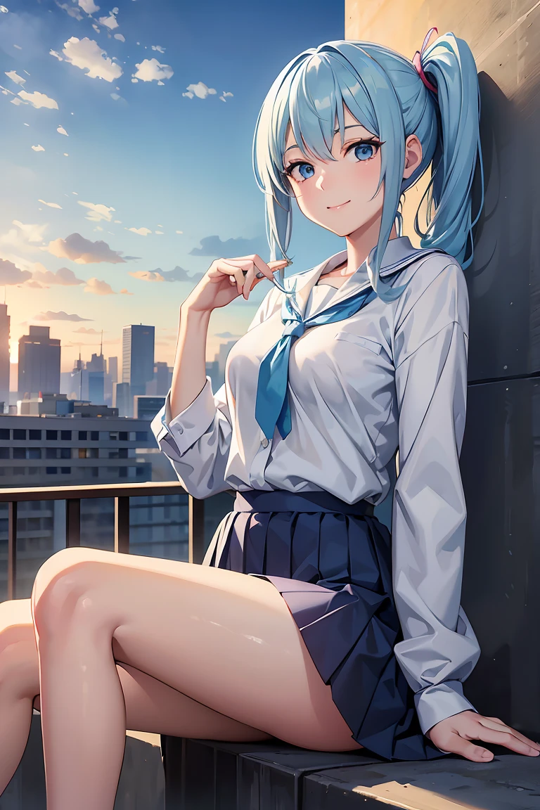 masterpiece:1.2, best quality, ((ultra detailed)), high resolution, 2d, anime style , photo, photography, detailed background, ((side ponytail ,light blue hair,medium breasts))
BREAK
solo,(droopy eyes:1.3),20 years old, (,tall face, tall female)), ((blue eyes;1.2 )), beautiful thighs,
BREAK
sitting,smile ,beautiful sky, cloud, background, school uniform
BREAK
pastel colors:1.4, solid paint:1.2, saturated color, contour