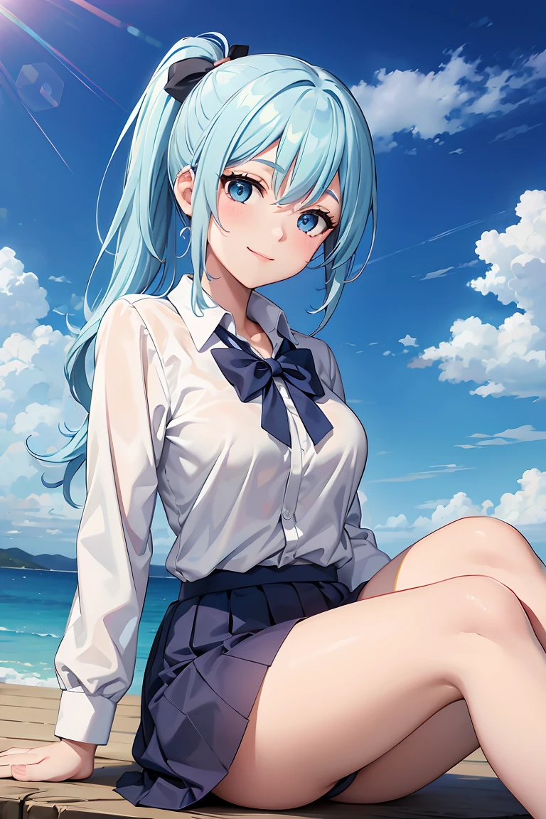 masterpiece:1.2, best quality, ((ultra detailed)), high resolution, 2d, anime style , photo, photography, detailed background, ((side ponytail ,light blue hair,medium breasts))
BREAK
solo,(droopy eyes:1.3),20 years old, (,tall face, tall female)), ((blue eyes;1.2 )), beautiful thighs,
BREAK
sitting,smile ,beautiful sky, cloud, background, school uniform
BREAK
pastel colors:1.4, solid paint:1.2, saturated color, contour