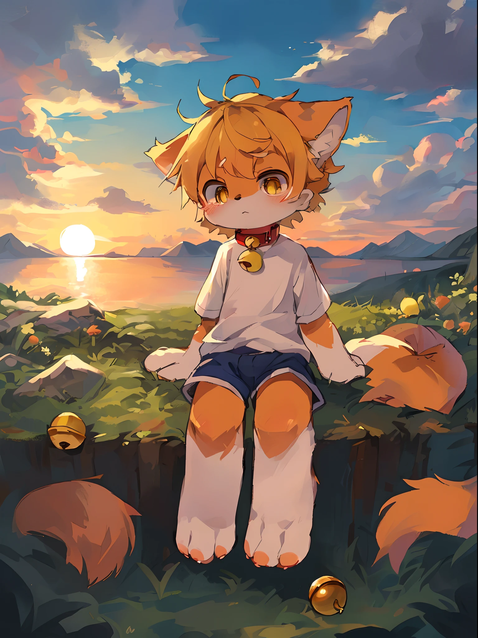 Masterpiece, high quality, absurd resolution, digital painting \ (artwork \), by dagasi, yupa, kiyosan, (fluffy fur,orange fur, full body fur,), boys, left eyes blue, right eye orange, yellow hair, shorts, cat feet, bright eyes, panorama, character focus. Detailed background, cloud background, dusk, sunset (bell, pet collar, white short sleeves: 1.2)
