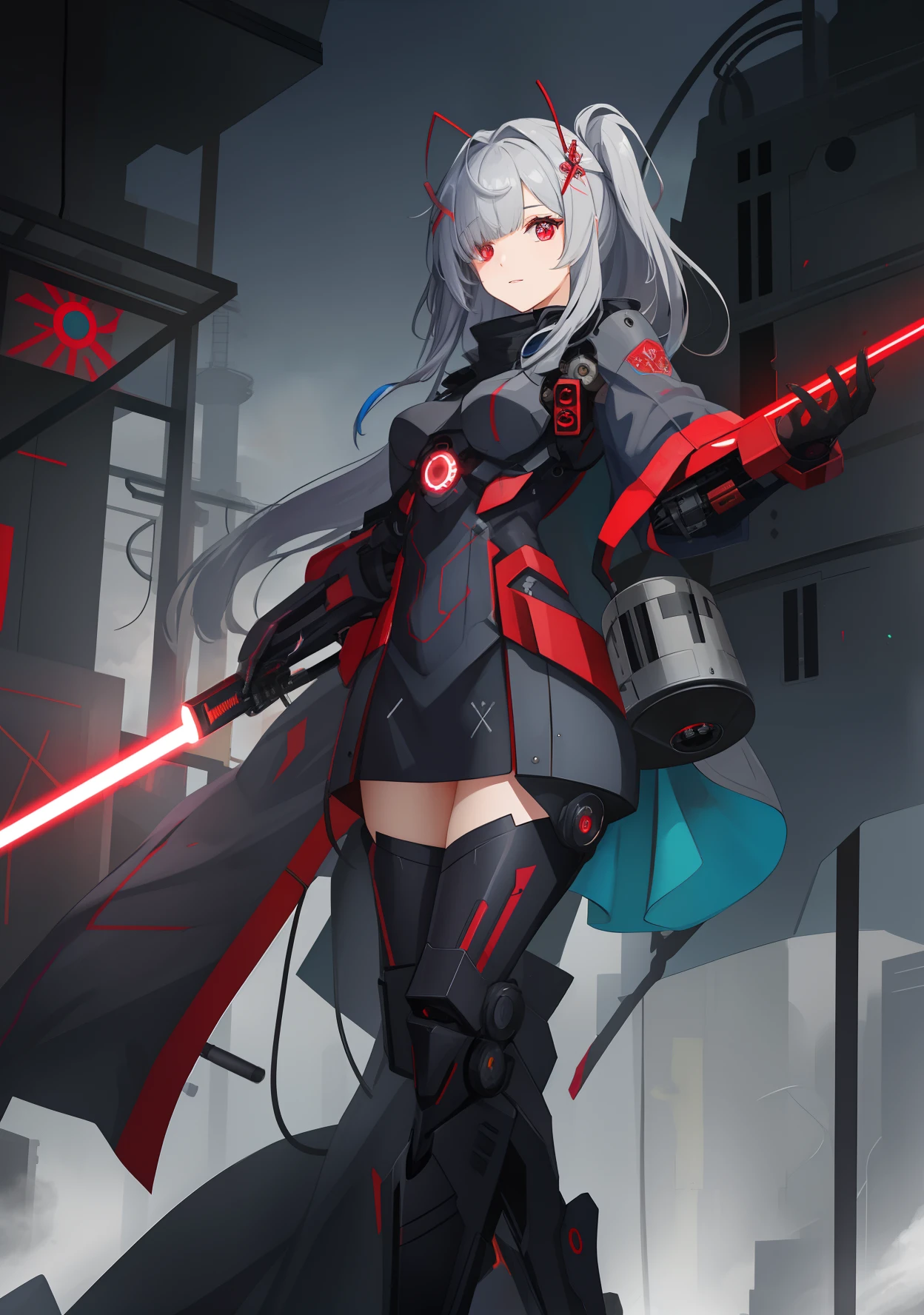 greyt hair, side swept bangs, ((hair covering one eye)),There is a red antenna decoration on the head, x-shaped pupils, Red eyes,( Mechanical prosthetics), There is a red reactor in the middle of the chest, (Dark blue body), holding a red lightsaber,Stand on the broken streets, Ark of Tomorrow standing painting style, Ray tracing, 8K, Super detail
