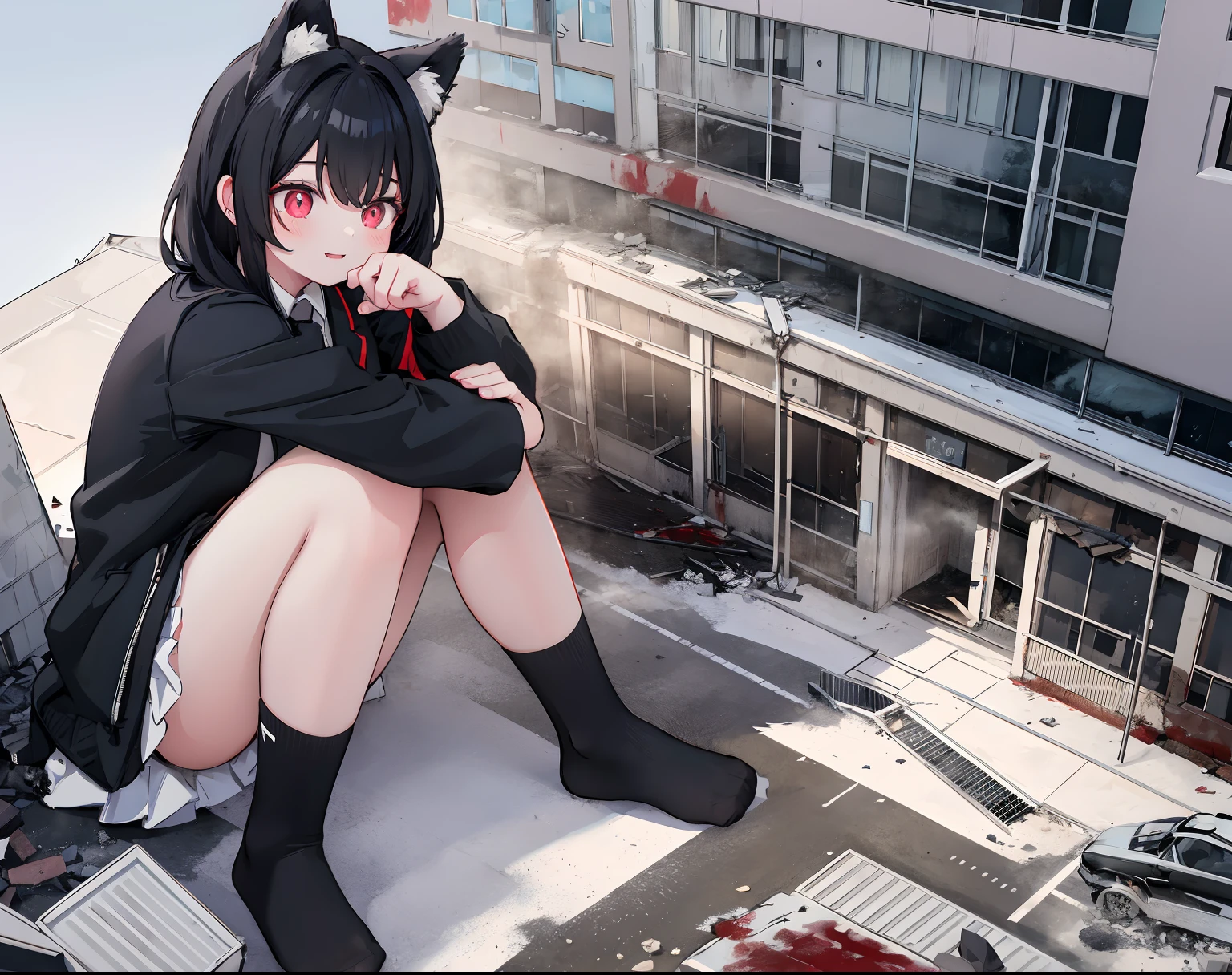 1girll, 16 yaers old, full bodyesbian, Bigger than the building,No shoes，{Black stockings}，black sock，Black jacket with white shirt ，Blue tie，Black hair，Wolf ears，Light red eyes，A cold expression， Destroyed buildings, Sit on a destroyed building，The one who was trampled to death，blood on ground，Glued to the ground，The socks were stained with blood，GTSCity, As a giantess, Bright pupils, Smile, Naughty face, 16k, High quality, High details, Anatomically correct, Textured skin，The feet emit steam，