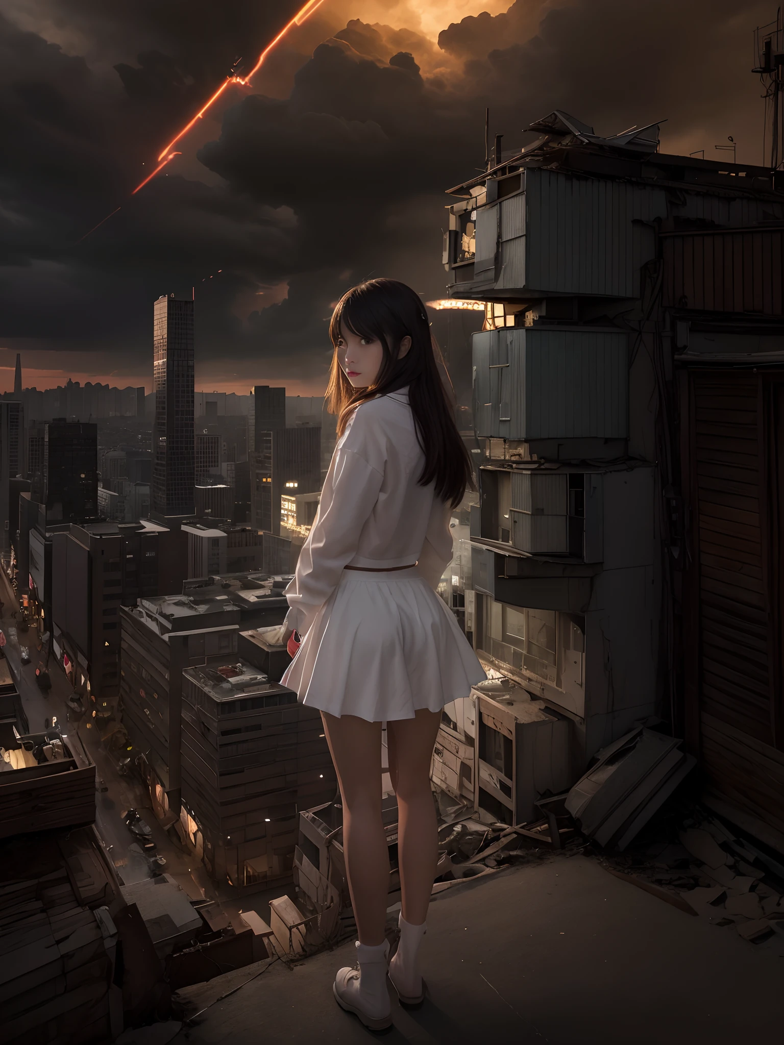 (Raw photo:1.2), (Photorealistic), Beautiful detailed girl, Very detailed eyes and face, Beautiful detailed eyes, Huge file size, High resolution, Very detailed, Best Quality, [masutepiece:1.6], Illustration, Very detailed, Fine detail, Best Quality, 8K Wallpaper, Movie Lighting,18-year-old Japan female idol, (((FULL BODYSHOT))), Beautiful expression, A future of despair, Desolate world, Broken Bill, Broken cityscape, Smaller chest, Short bob hair, Slim body, Immature body, Torn shirt,nakeness, Bare chest, No top, Torn pants, Show white panties, espadrilles, A world of loneliness, The look of despair, Helpless dark weather, dark sky, thunder sky, Dark Cloud