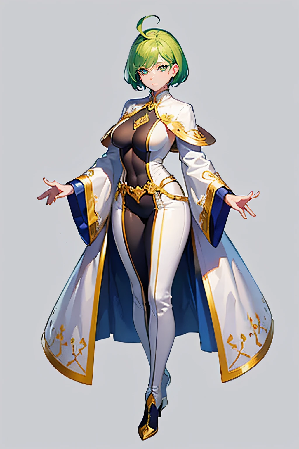 (masterpiece:1.4),(best quality:1.2),((8k,highres)),((character concept art)), 1 female, adult, Psychopomp, guide of souls, 180cm tall, extraordinary gorgeous, emotionless, Clear facial features, shapely breasts, hourglass body shape ((muscular)), ultra finely detailed eyes(green eyes colour), (intricate details:1.3), (ultra-detailed:1.3), short pixie cut hairstyle ((green hair colour)), super finely detailed hands, ultra finely detailed fingers(((ten fingers))), white agent outfit(full body)(stylish), white coat, white boots, standing still, hand still, no hand gesture, full body showcase, (show full body), (no logos on background), (no logo), ((simple background)), ((plain background)), (((empty background)))